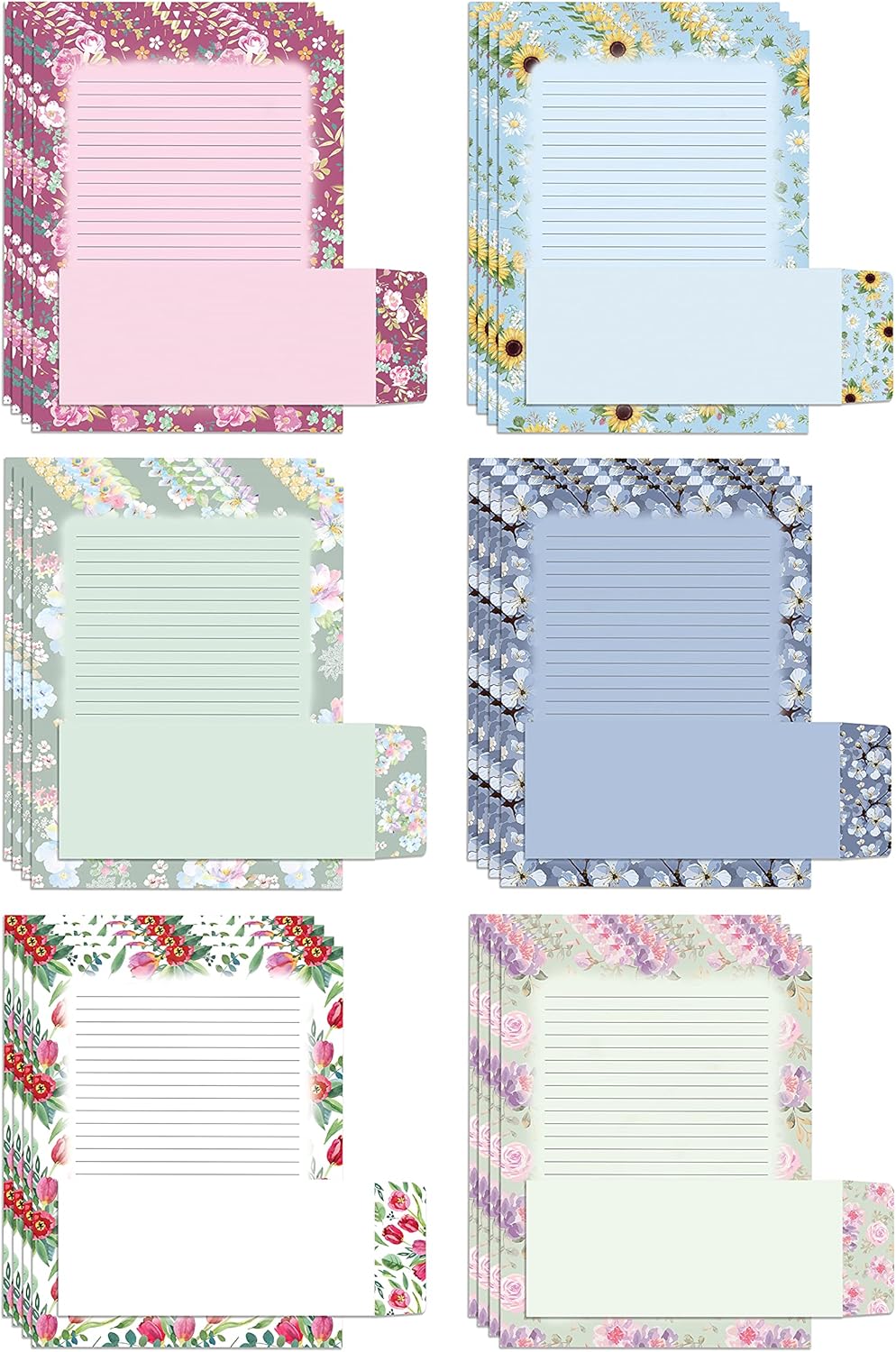 Better Office Products Floral Paper Stationery Set, 100 pièces (50 feuilles de lignes + 50 enveloppes correspondantes), taille de lettre 8,5 x 11 pouces, 6 conceptions, papier d'impression double face / doublé, – Image 2