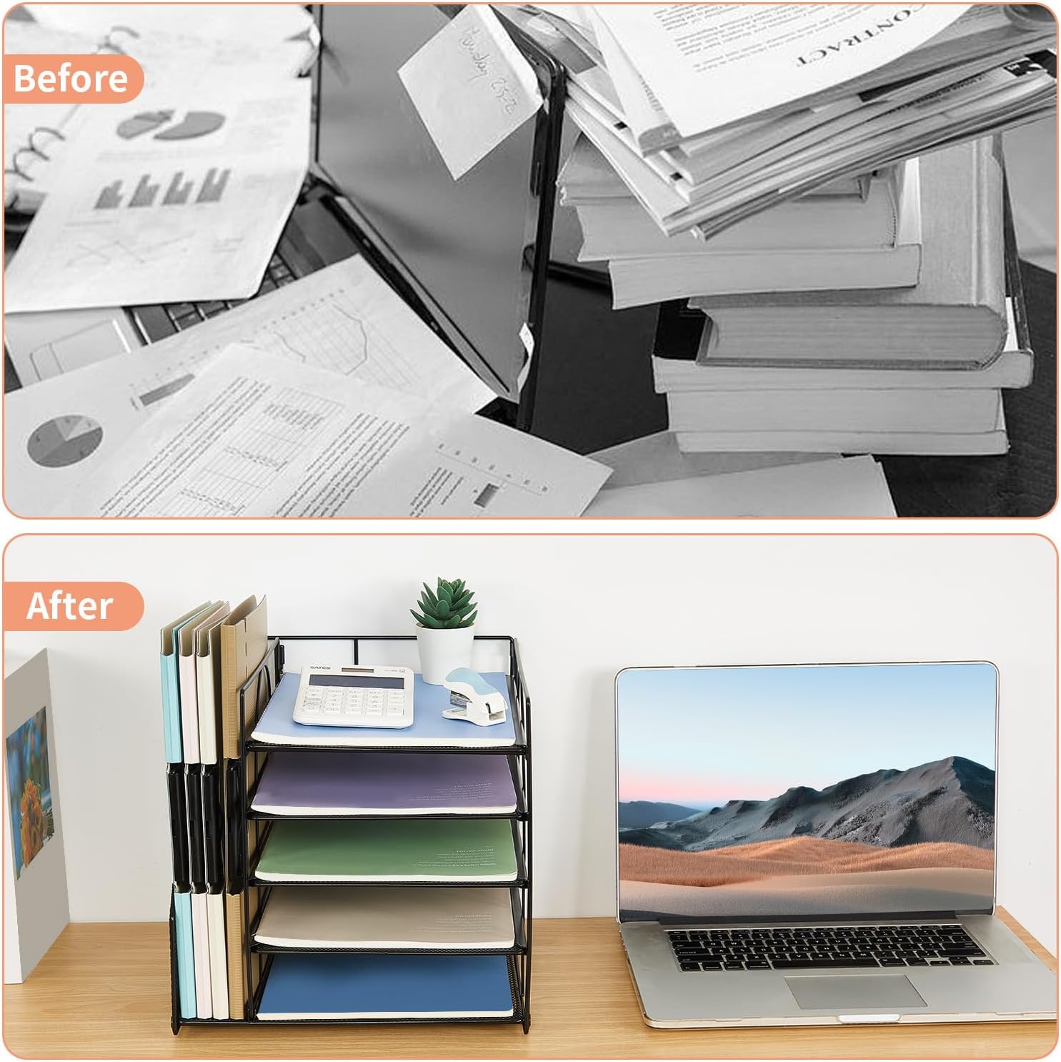 Organisateurs et accessoires de bureau, bac à lettres en papier à 5 niveaux avec porte-fichiers, accessoire de bureau, organisateur de documents, fournitures de bureau pour femmes – Image 3