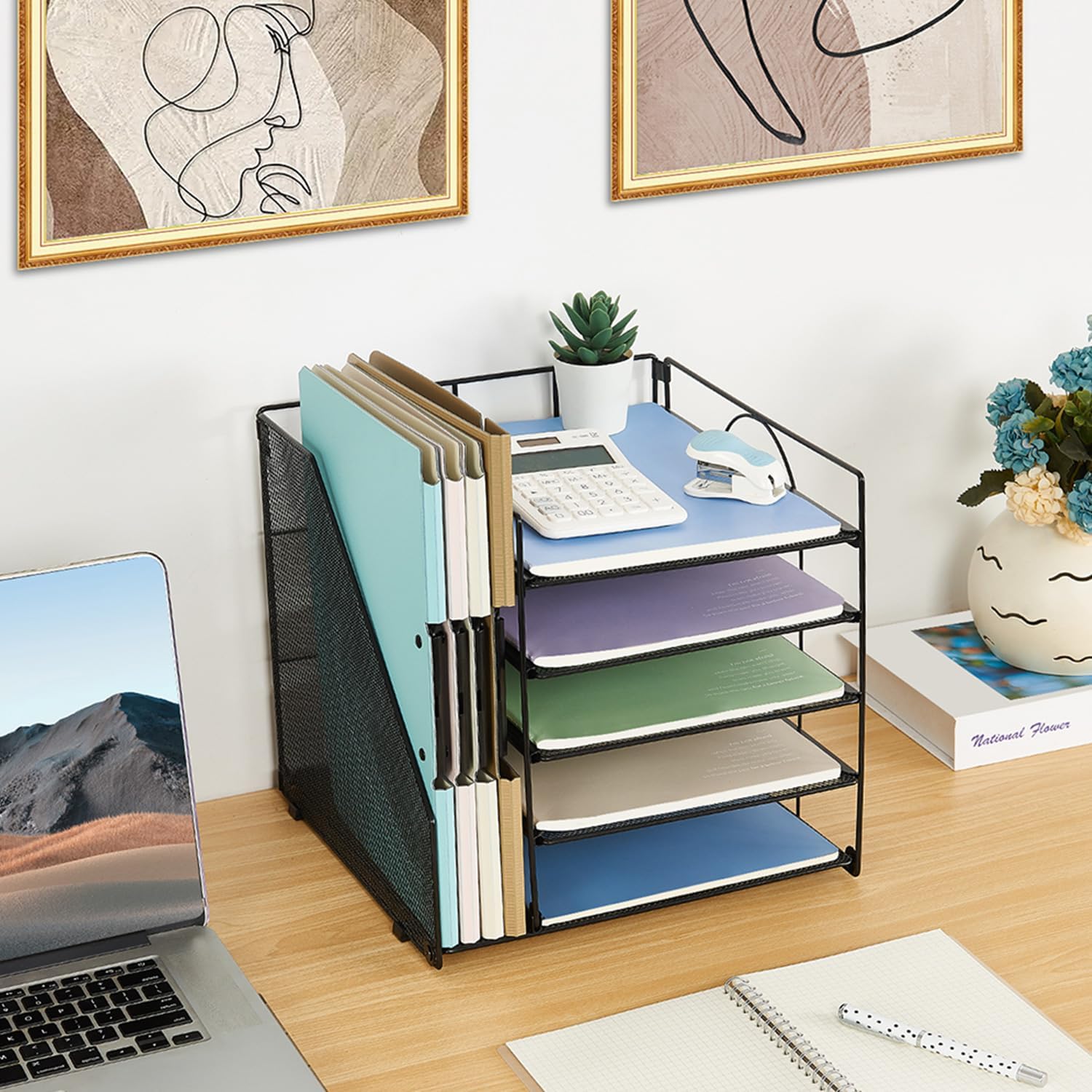 Organisateurs et accessoires de bureau, bac à lettres en papier à 5 niveaux avec porte-fichiers, accessoire de bureau, organisateur de documents, fournitures de bureau pour femmes – Image 4