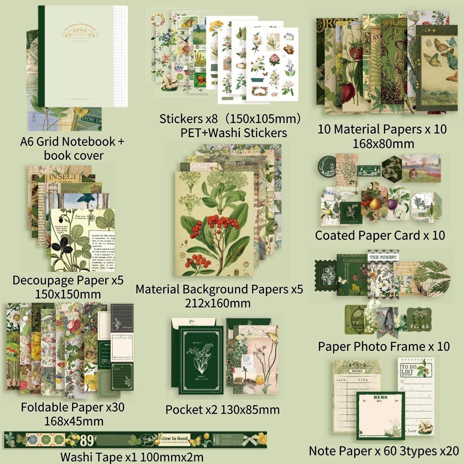 LCLAIDYDY Kit de fournitures de scrapbooking vintage botanique esthétique pour scrapbooking, journal intime, carnet de notes A6, papeterie artisanale, cadeau pour adolescentes et femmes – Image 4