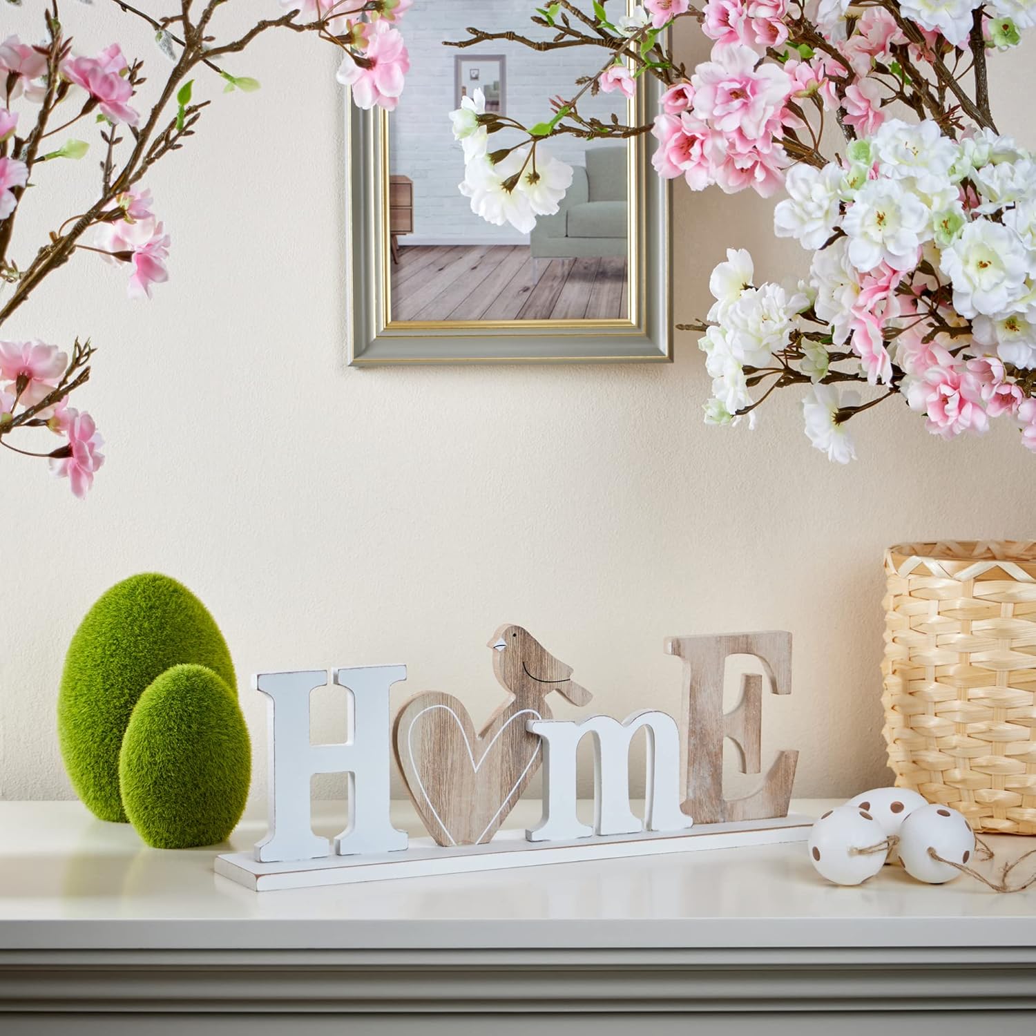 COM-FOUR® Support décoratif en bois - XL HOME avec inscription cœur et oiseau - Support décoratif pour le printemps et l'été - Lettrage décoratif à poser (1 pièce - Maison - XL) – Image 3