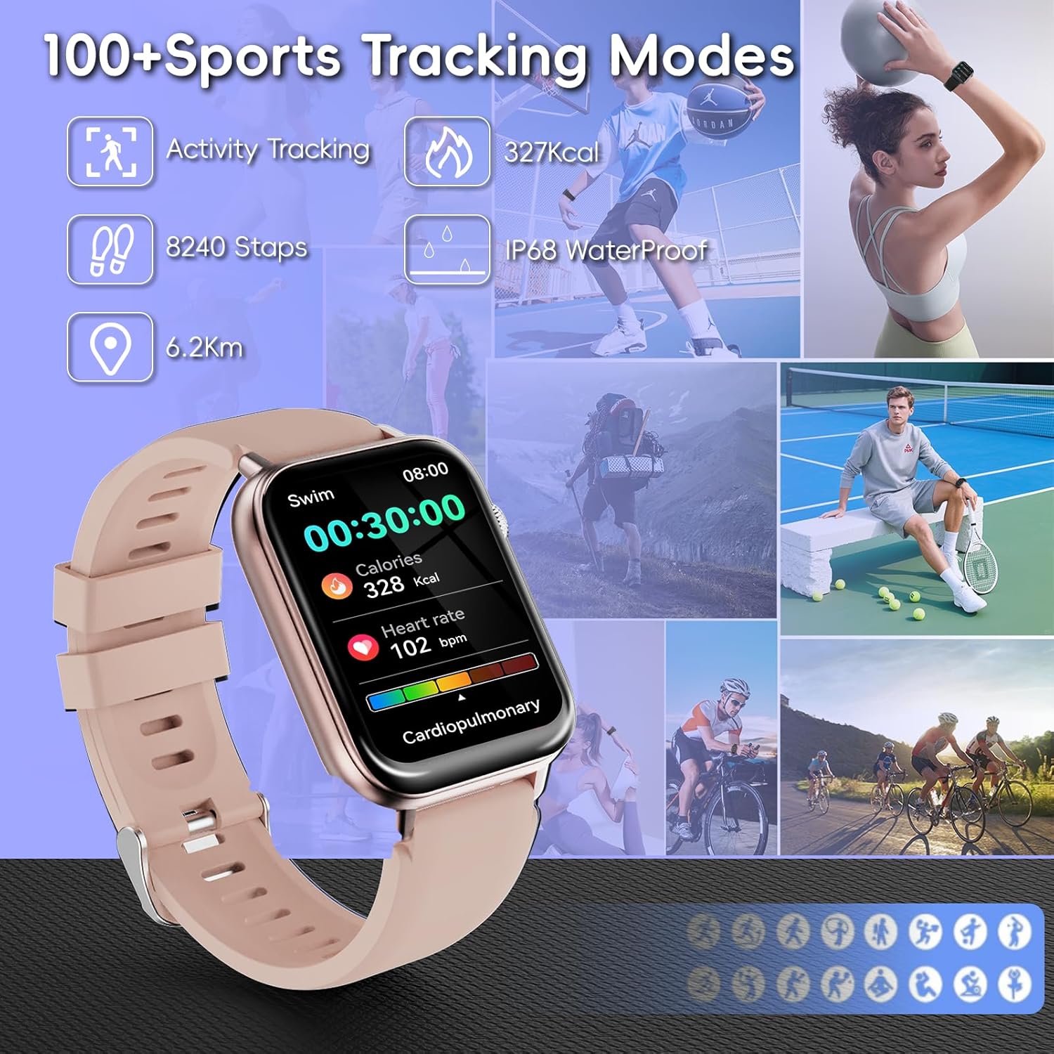 Montre intelligente pour hommes et femmes avec 112 modes sportifs, montre de sport avec moniteur de fréquence cardiaque, rose – Image 4