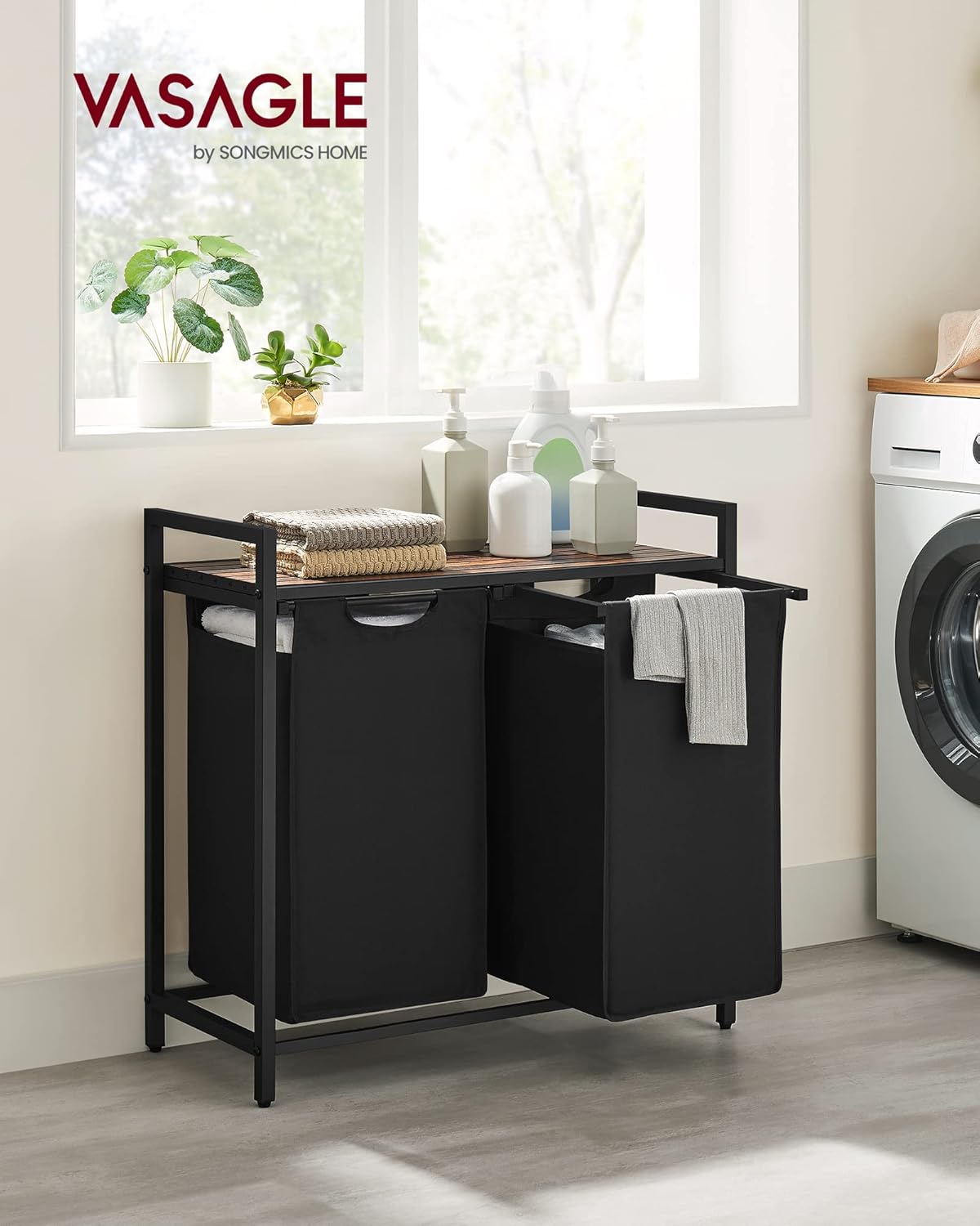 VASAGLE Panier à Linge avec 2 Compartiments, Panier à Linge Sale, 2 Sacs Amovibles en Tissu Oxford, Etagère, Structure en Métal, 2 x 46 L, 73 x 33 x 72 cm, Noir Encre et Marron Rustique BLH201B01V2 – Image 3
