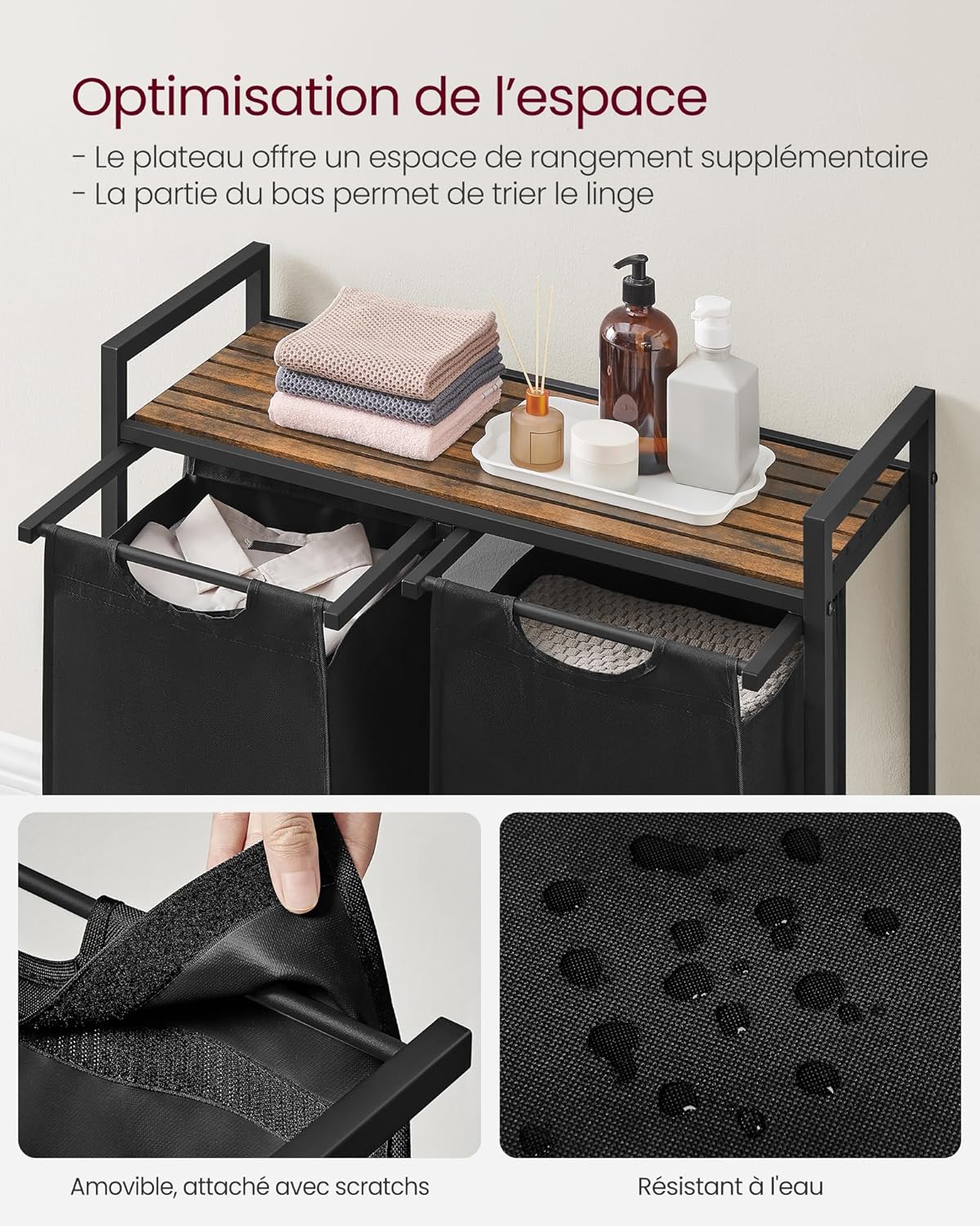 VASAGLE Panier à Linge avec 2 Compartiments, Panier à Linge Sale, 2 Sacs Amovibles en Tissu Oxford, Etagère, Structure en Métal, 2 x 46 L, 73 x 33 x 72 cm, Noir Encre et Marron Rustique BLH201B01V2 – Image 4