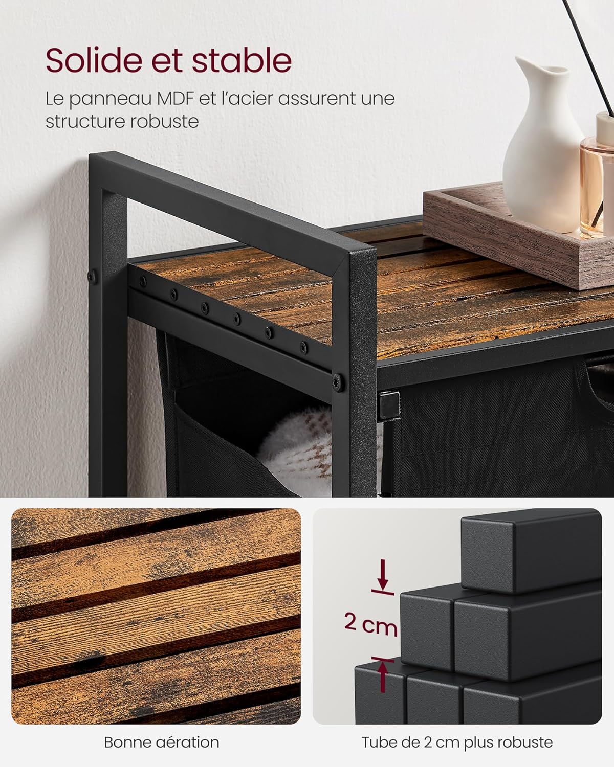 VASAGLE Panier à Linge avec 2 Compartiments, Panier à Linge Sale, 2 Sacs Amovibles en Tissu Oxford, Etagère, Structure en Métal, 2 x 46 L, 73 x 33 x 72 cm, Noir Encre et Marron Rustique BLH201B01V2 – Image 5