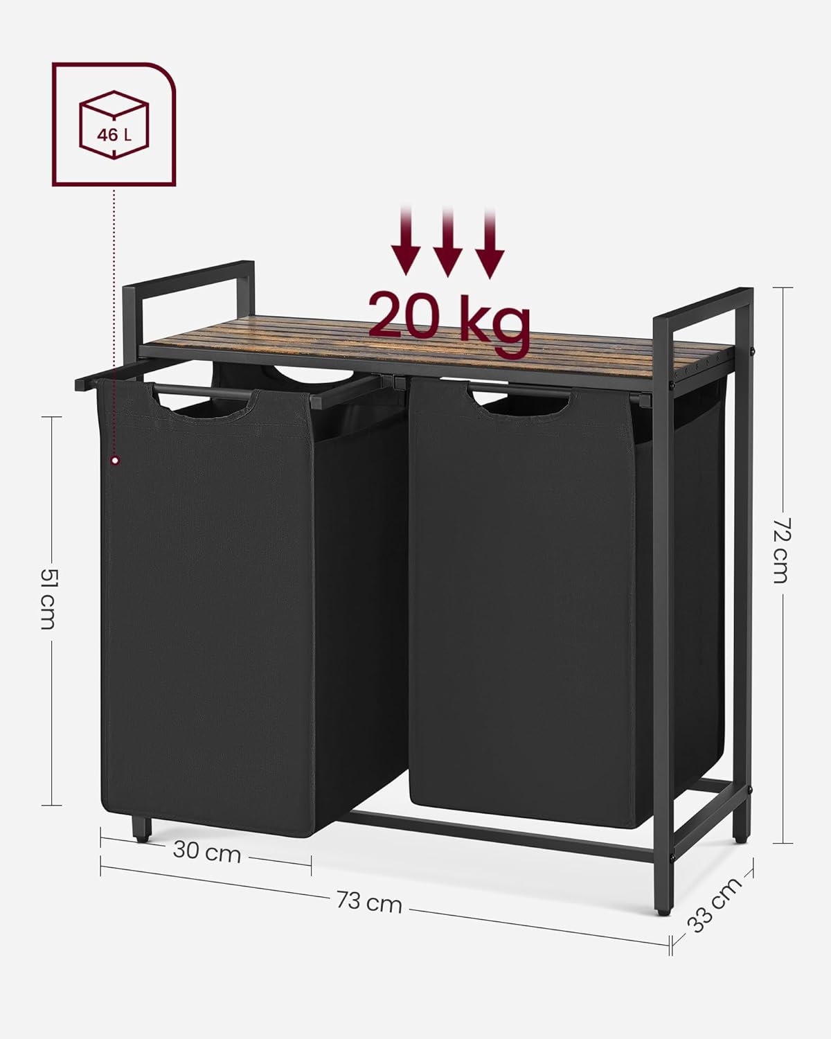 VASAGLE Panier à Linge avec 2 Compartiments, Panier à Linge Sale, 2 Sacs Amovibles en Tissu Oxford, Etagère, Structure en Métal, 2 x 46 L, 73 x 33 x 72 cm, Noir Encre et Marron Rustique BLH201B01V2 – Image 7