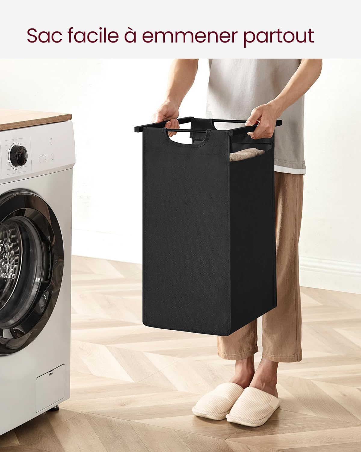 VASAGLE Panier à Linge avec 2 Compartiments, Panier à Linge Sale, 2 Sacs Amovibles en Tissu Oxford, Etagère, Structure en Métal, 2 x 46 L, 73 x 33 x 72 cm, Noir Encre et Marron Rustique BLH201B01V2 – Image 8