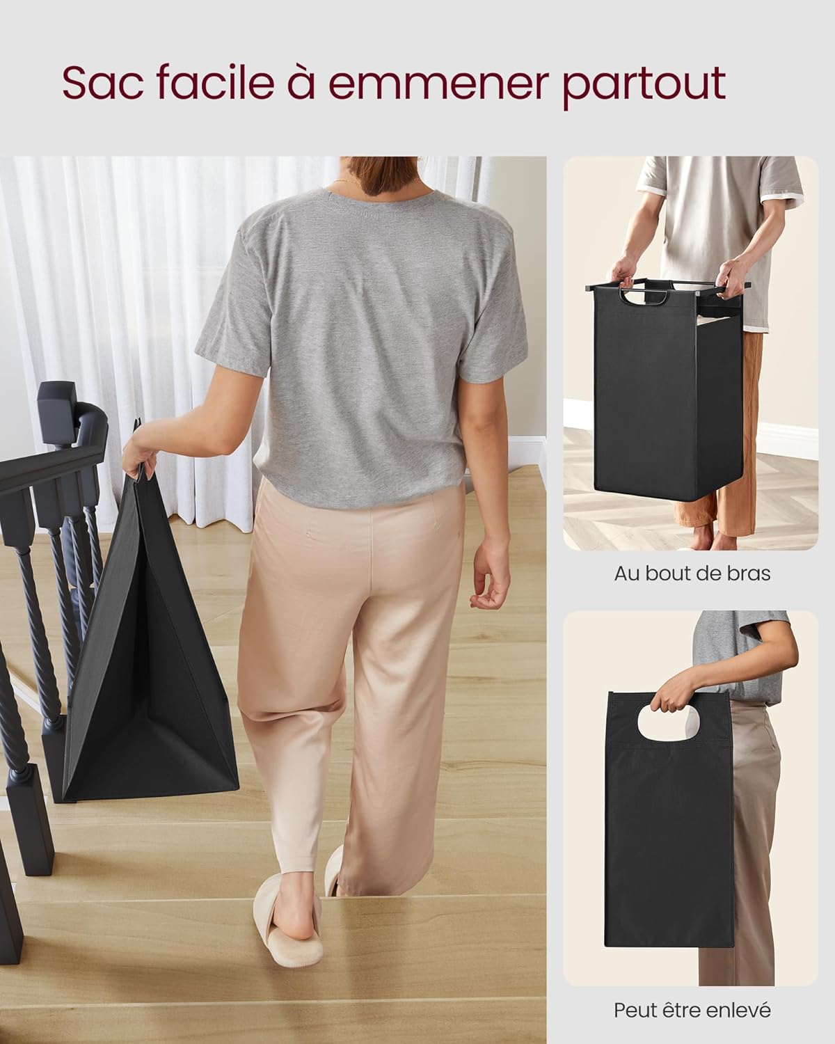VASAGLE Panier à Linge avec 2 Compartiments, Panier à Linge Sale, 2 Sacs Amovibles en Tissu Oxford, Etagère, Structure en Métal, 2 x 46 L, 73 x 33 x 72 cm, Noir Encre et Marron Rustique BLH201B01V2 – Image 9