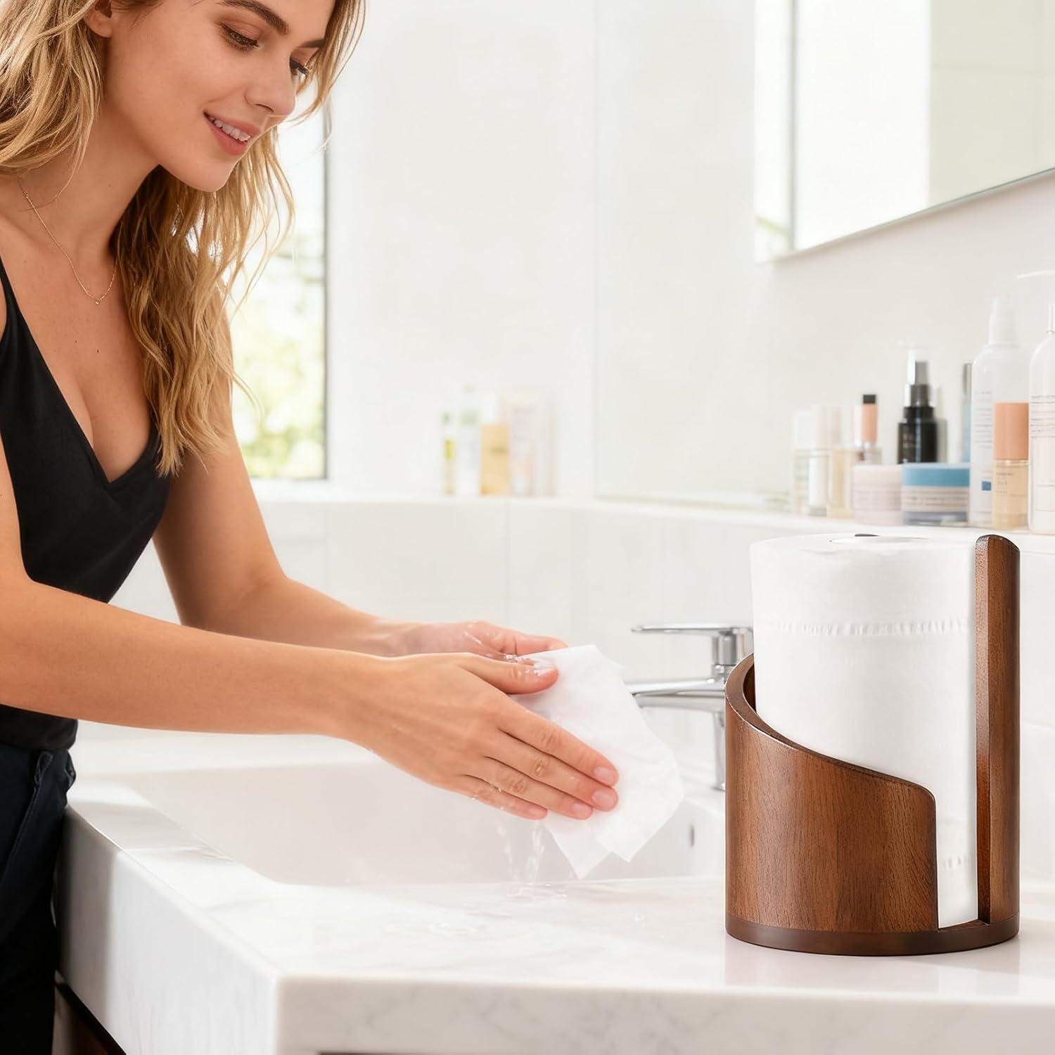 Porte-serviettes en papier | Support distributeur | Porte-serviettes en papier de comptoir en bois Vintage, pour salle de bains, cuisine, Table à manger, armoire, étagère, maison – Image 9