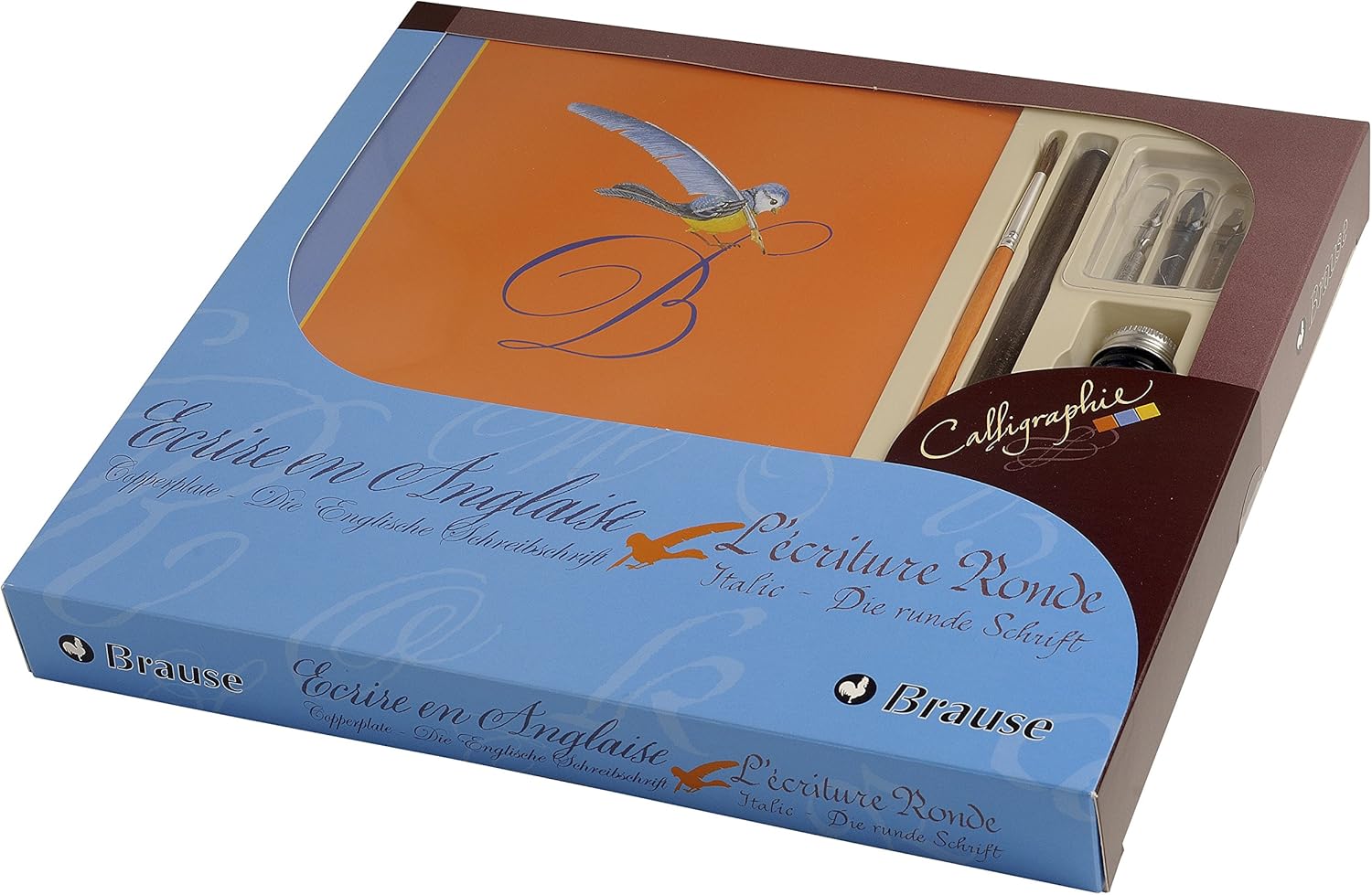 Brause 98206SB - Set de calligraphie Junior comprenant 3 plumes, porte-stylo, pinceau, planche d'étiquettes, flacon d'encre bleue Jacques Herbin et livre d'initiation (anglais/allemand) – Image 2