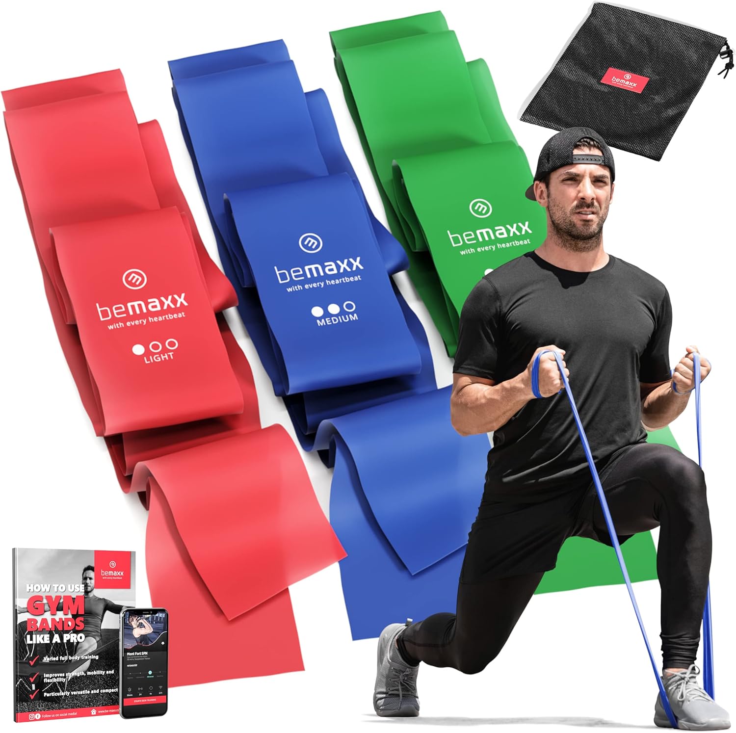 Kit de Fitness avec Bandes Élastiques Extra Longues 2 m Elastiband 3 Niveaux de Résistance + Guide eBook et Sac | Exercice physique Pilates Yoga Sport Gym musculation Traction gymnastique Kit d'entraînement – Image 2