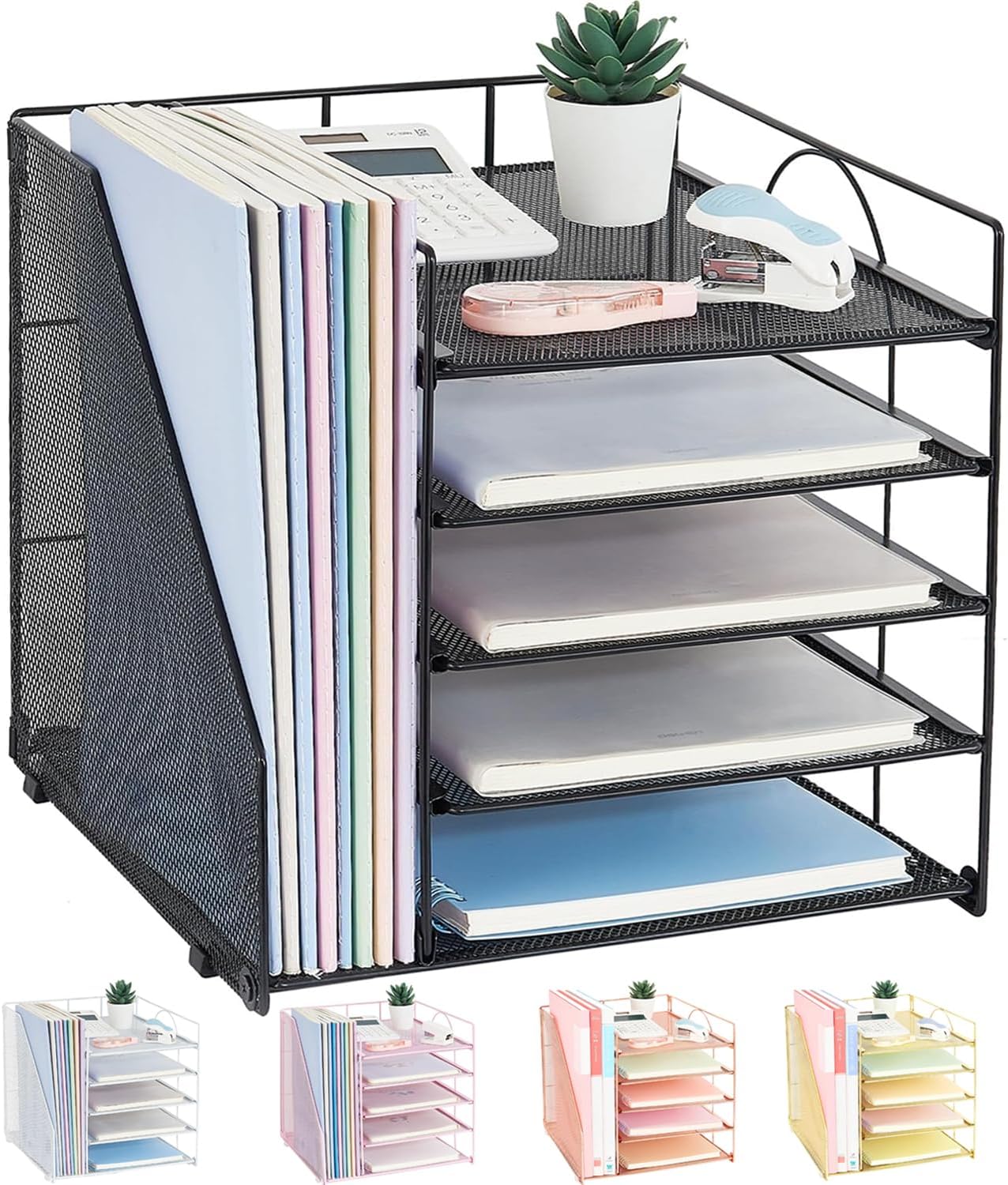 Organisateurs et accessoires de bureau, bac à lettres en papier à 5 niveaux avec porte-fichiers, accessoire de bureau, organisateur de documents, fournitures de bureau pour femmes – Image 2