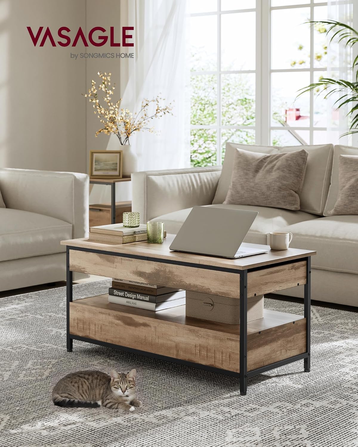 VASAGLE Table basse, table de salon avec plateau relevable, tiroirs de rangement, avec rangement ouvert et compartiment caché, marron chameau et noir encre LCT209K02 – Image 3