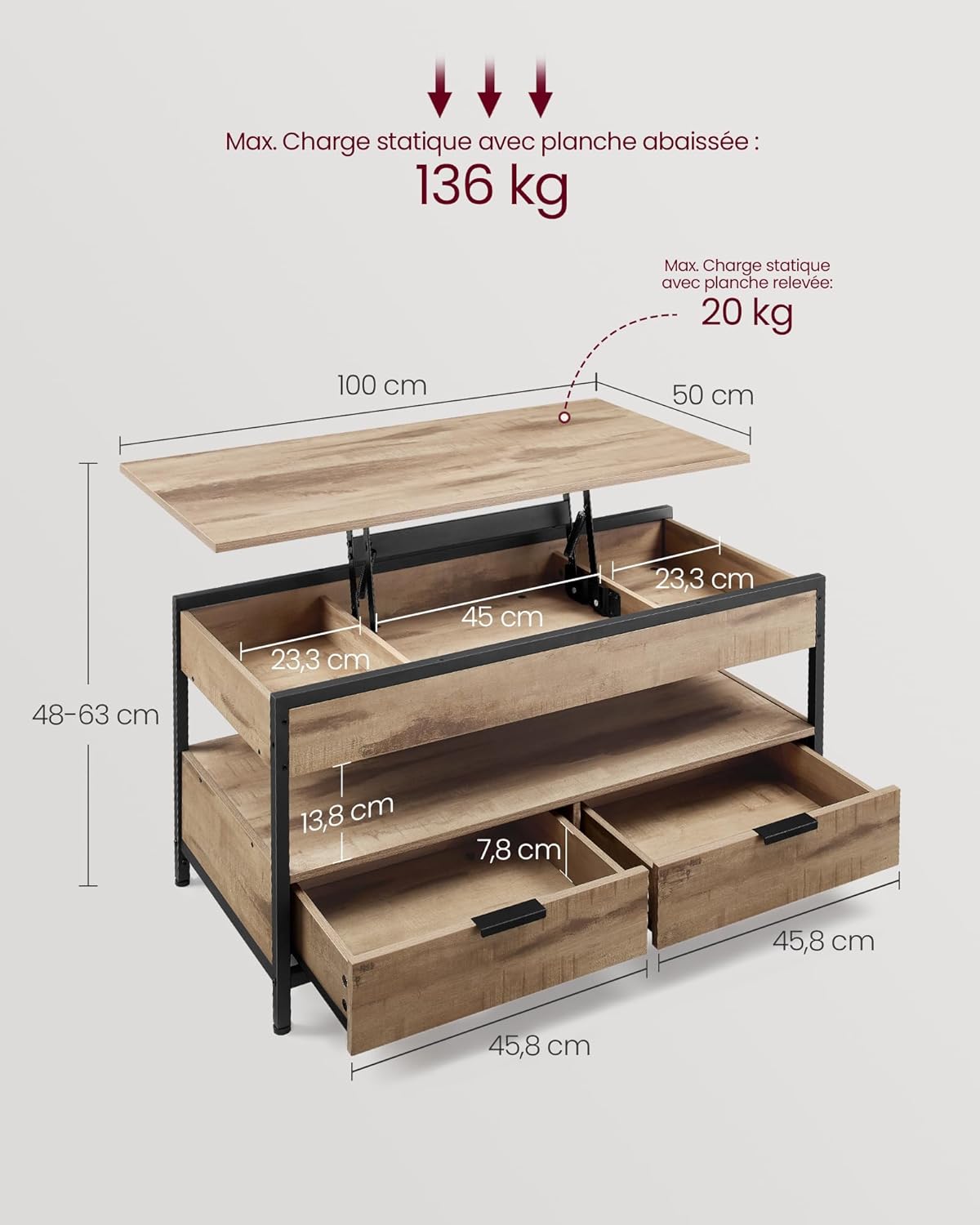 VASAGLE Table basse, table de salon avec plateau relevable, tiroirs de rangement, avec rangement ouvert et compartiment caché, marron chameau et noir encre LCT209K02 – Image 4