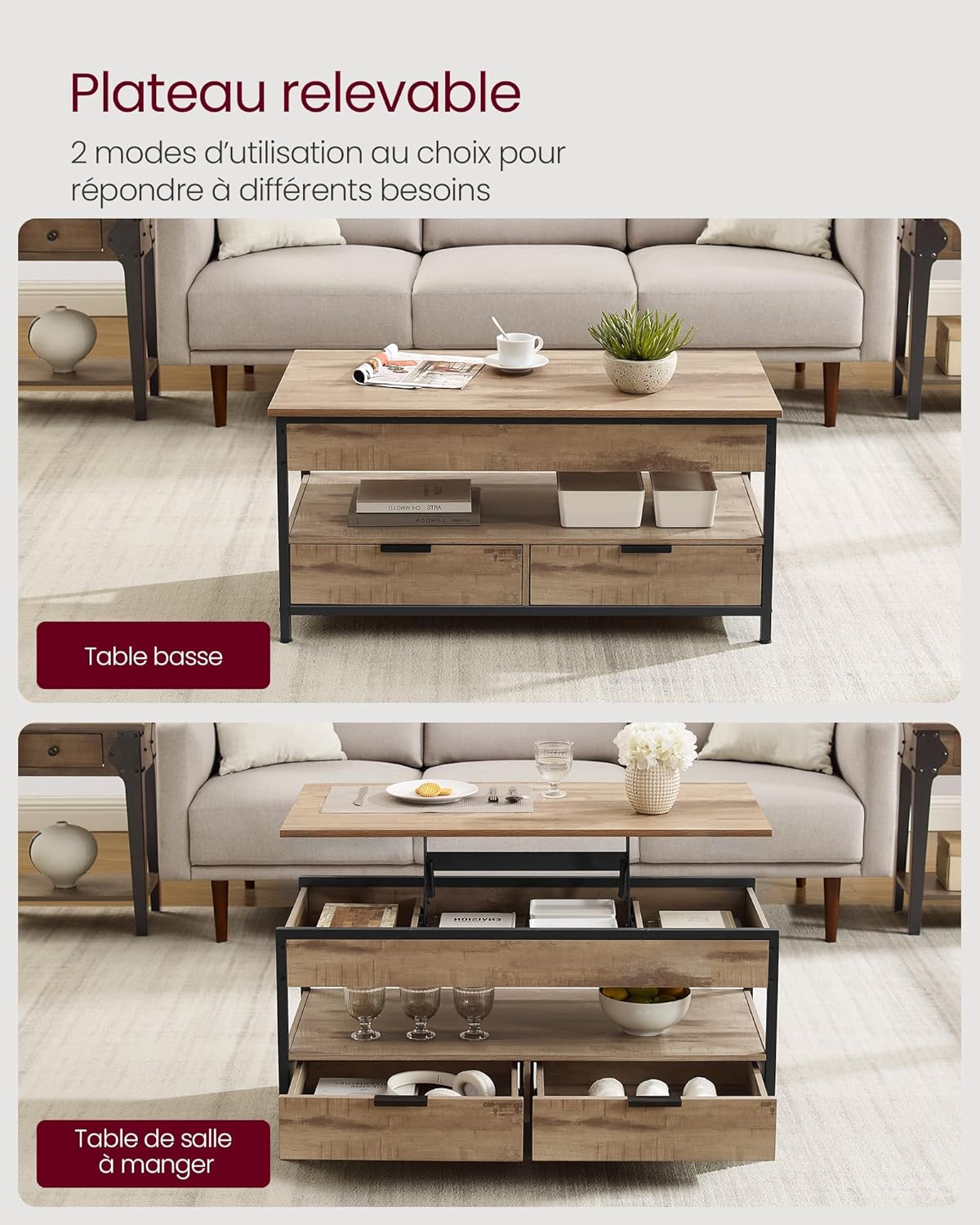 VASAGLE Table basse, table de salon avec plateau relevable, tiroirs de rangement, avec rangement ouvert et compartiment caché, marron chameau et noir encre LCT209K02 – Image 5
