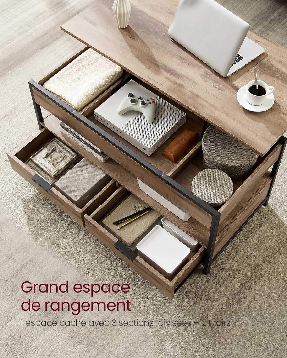 VASAGLE Table basse, table de salon avec plateau relevable, tiroirs de rangement, avec rangement ouvert et compartiment caché, marron chameau et noir encre LCT209K02 – Image 6
