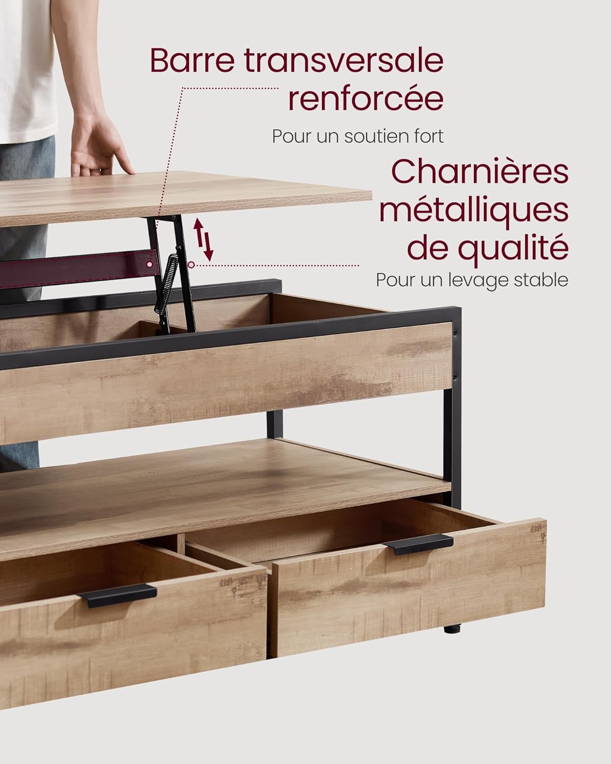 VASAGLE Table basse, table de salon avec plateau relevable, tiroirs de rangement, avec rangement ouvert et compartiment caché, marron chameau et noir encre LCT209K02 – Image 7