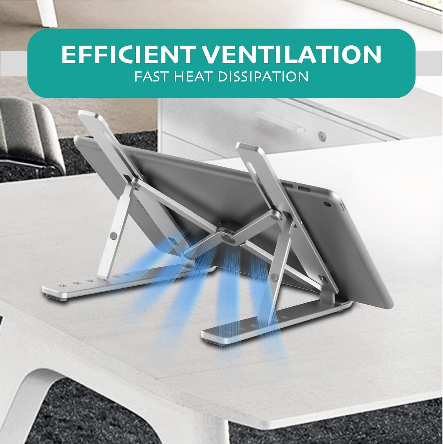 Support pour ordinateur portable, réglable sur 6 niveaux, ventilation efficace, antidérapant et pliable – Image 5
