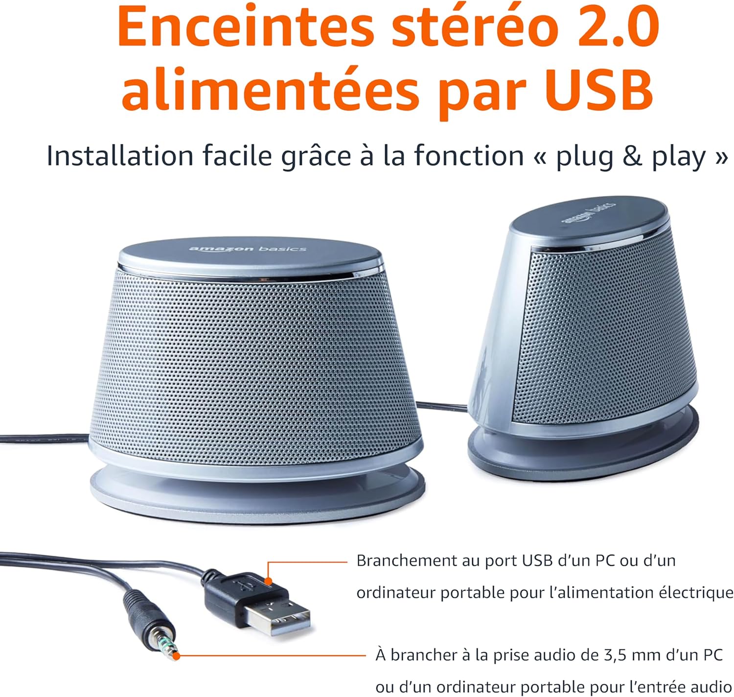 Amazon Basics Haut-parleurs stéréo 2.0 pour PC portable Entrée AUX 3,5 mm Alimentation USB 1 paire Argent – Image 3