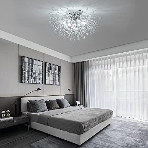 Plafonnier en cristal moderne, 6 lumières G9 LED, plafonnier encastré pour feu d'artifice, adapté pour chambre à coucher, salon, cuisine, salle à manger, argent, 6 lumières, Enchanting12 – Image 4