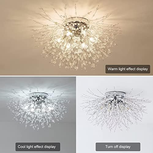 Plafonnier en cristal moderne, 6 lumières G9 LED, plafonnier encastré pour feu d'artifice, adapté pour chambre à coucher, salon, cuisine, salle à manger, argent, 6 lumières, Enchanting12 – Image 6