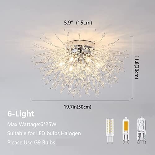 Plafonnier en cristal moderne, 6 lumières G9 LED, plafonnier encastré pour feu d'artifice, adapté pour chambre à coucher, salon, cuisine, salle à manger, argent, 6 lumières, Enchanting12 – Image 7