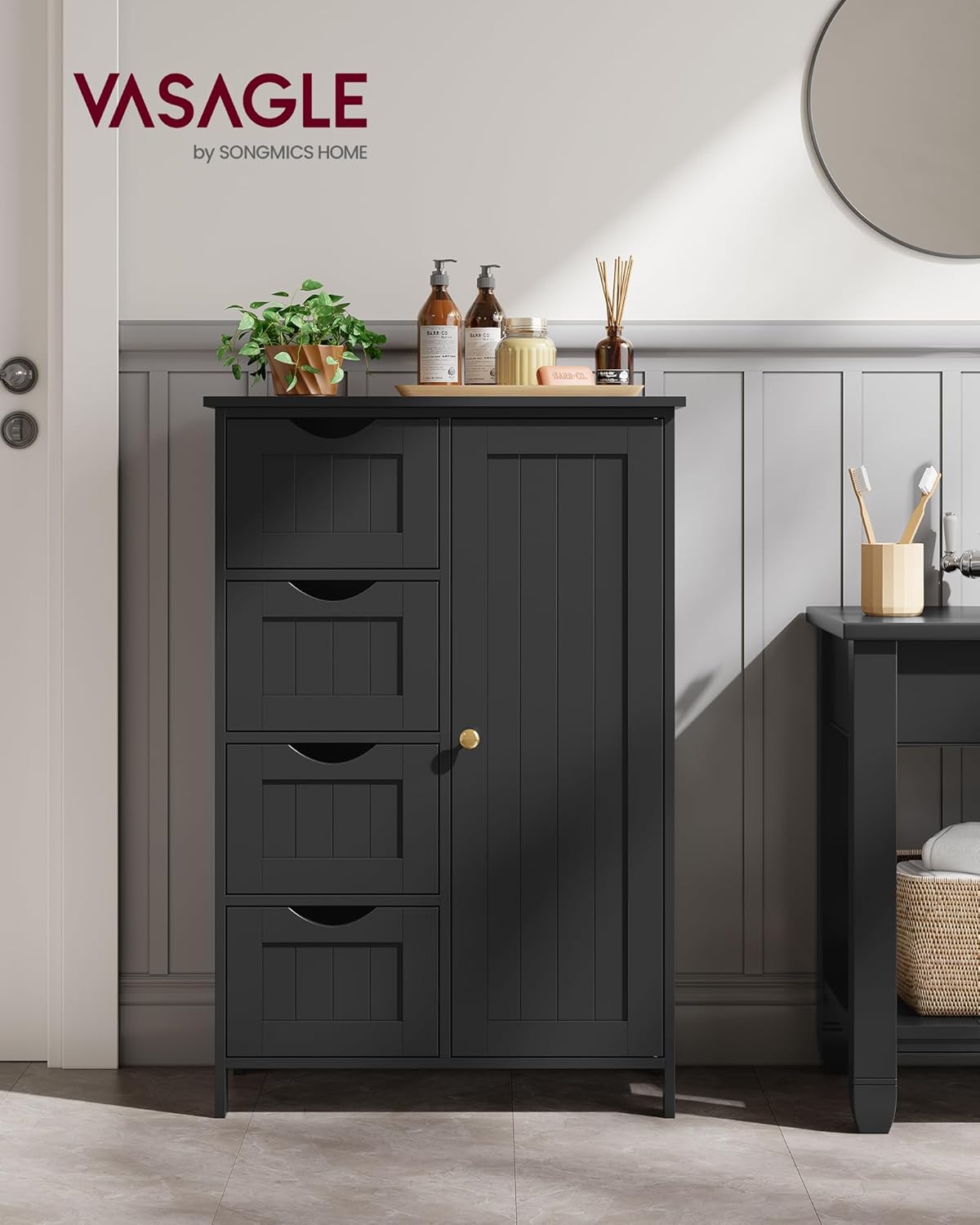 VASAGLE Armoire de Salle de Bain étroite avec 4 tiroirs, Porte, étagère réglable, 30 x 55 x 82 cm, Noir Encre LHC041B02 – Image 3