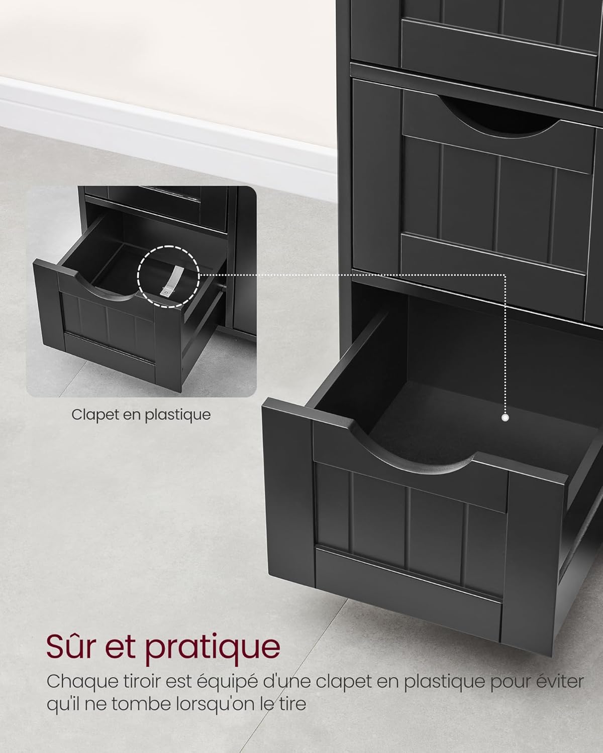 VASAGLE Armoire de Salle de Bain étroite avec 4 tiroirs, Porte, étagère réglable, 30 x 55 x 82 cm, Noir Encre LHC041B02 – Image 4