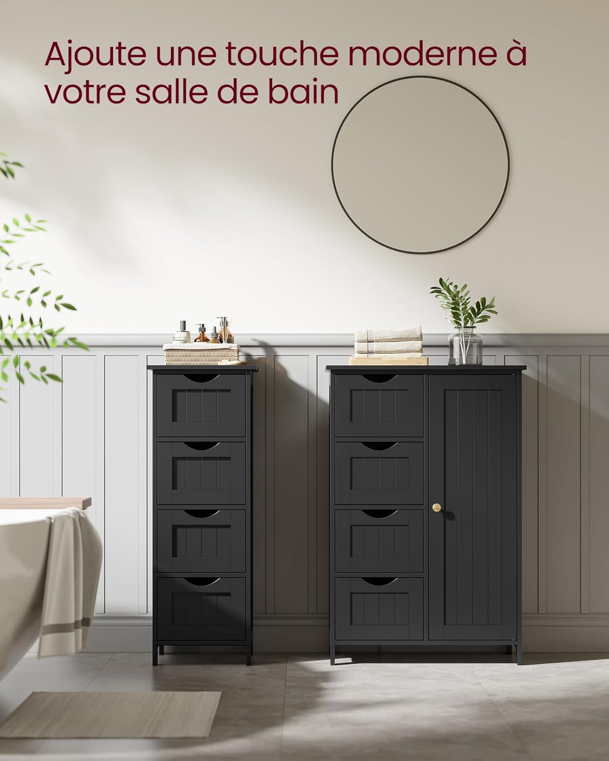 VASAGLE Armoire de Salle de Bain étroite avec 4 tiroirs, Porte, étagère réglable, 30 x 55 x 82 cm, Noir Encre LHC041B02 – Image 9