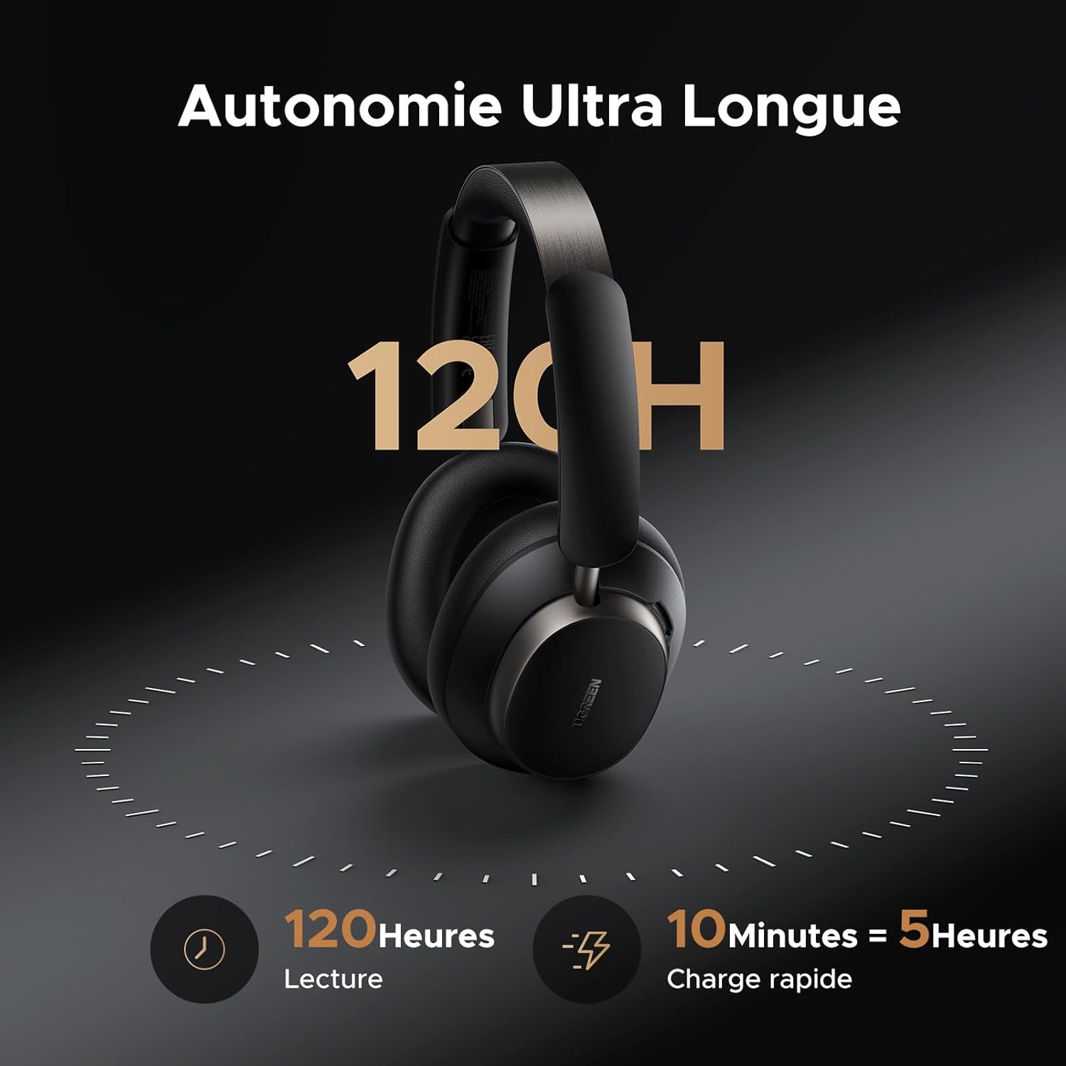 UGREEN Casque Bluetooth sans fil Sport Max 6 ANC Réduction active du bruit Adaptatif Hybride Hi Res Audio LDAC Casque Musique Bluetooth 6.0 Audio Spatial Custom 8 EQ App 120H avec micro Noir – Image 7
