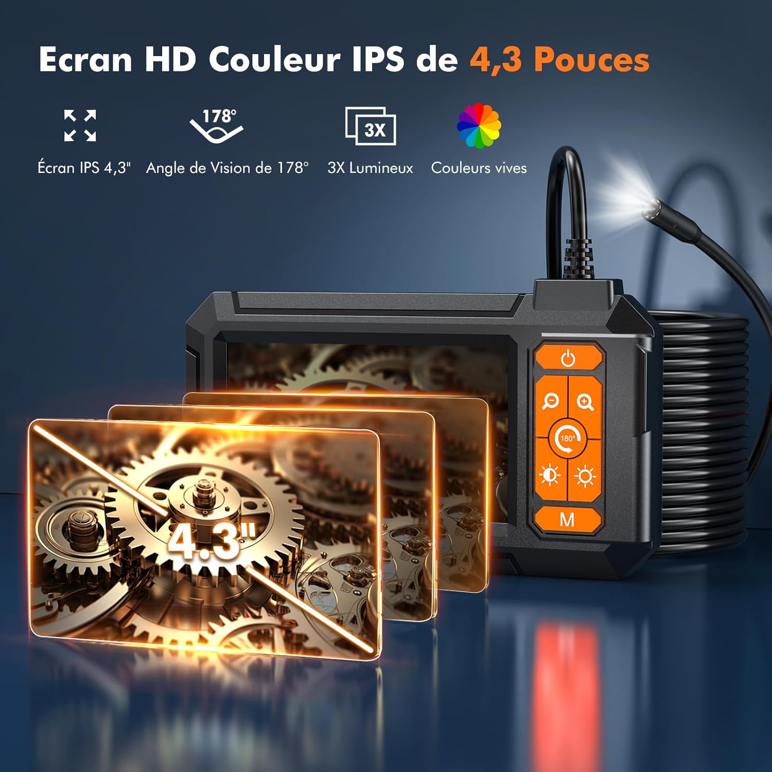 Caméra endoscopique 4,3" 1080 HD Caméra endoscopique avec 8 LED réglables, étanche IP67, 2600 mAh, câble semi-rigide de 5 m pour tuyauterie, voiture, tuyau, maison, atelier – Image 4