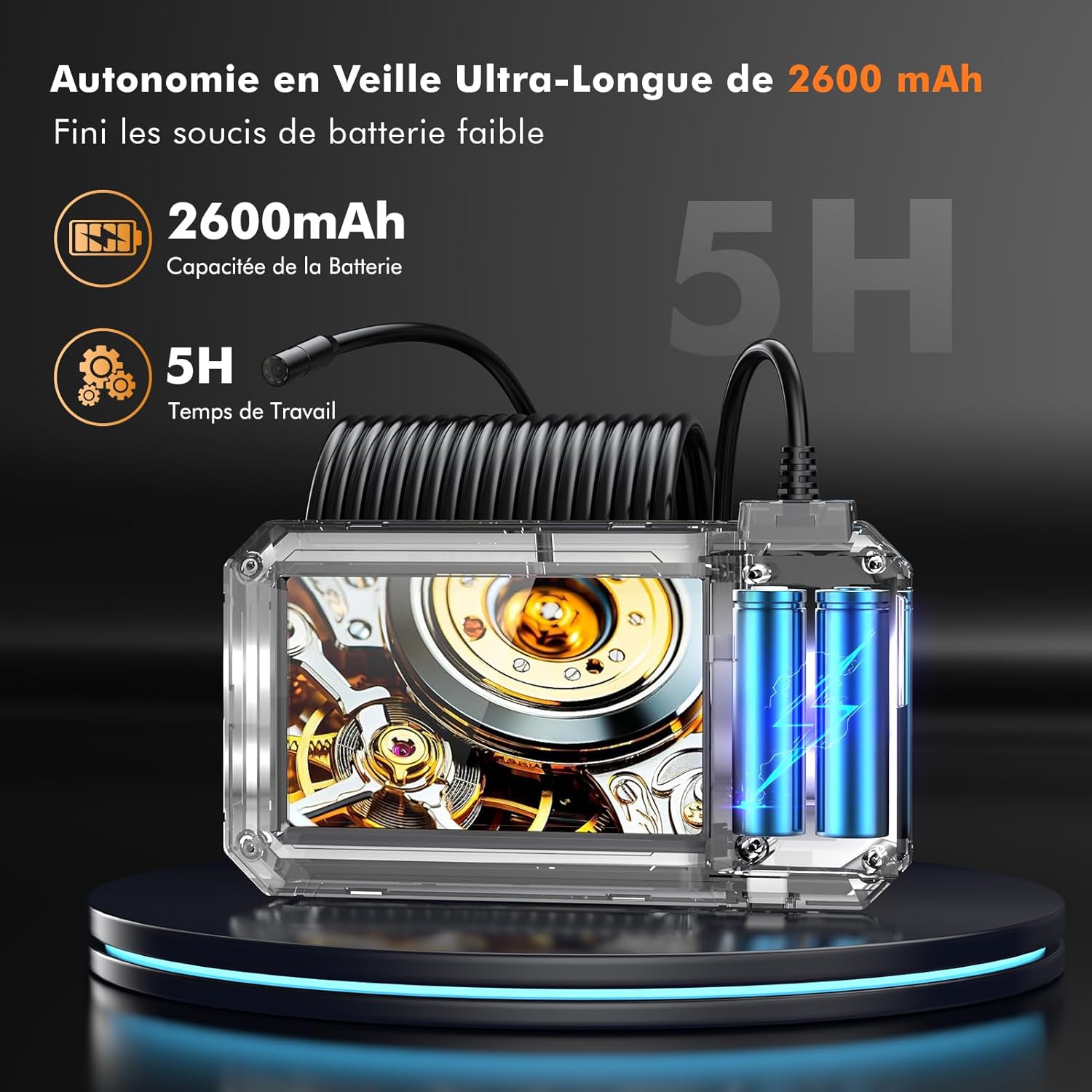 Caméra endoscopique 4,3" 1080 HD Caméra endoscopique avec 8 LED réglables, étanche IP67, 2600 mAh, câble semi-rigide de 5 m pour tuyauterie, voiture, tuyau, maison, atelier – Image 7