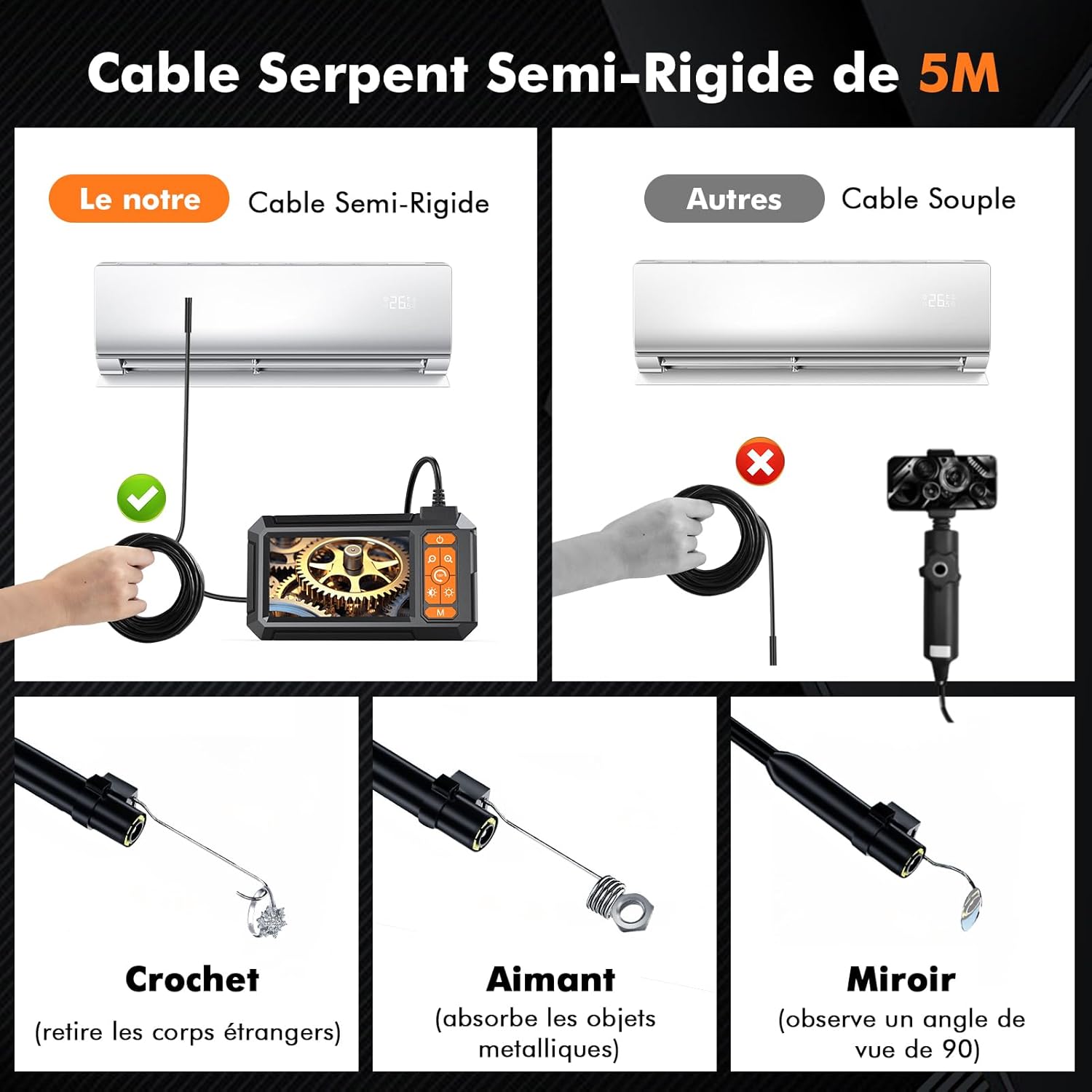 Caméra endoscopique 4,3" 1080 HD Caméra endoscopique avec 8 LED réglables, étanche IP67, 2600 mAh, câble semi-rigide de 5 m pour tuyauterie, voiture, tuyau, maison, atelier – Image 8