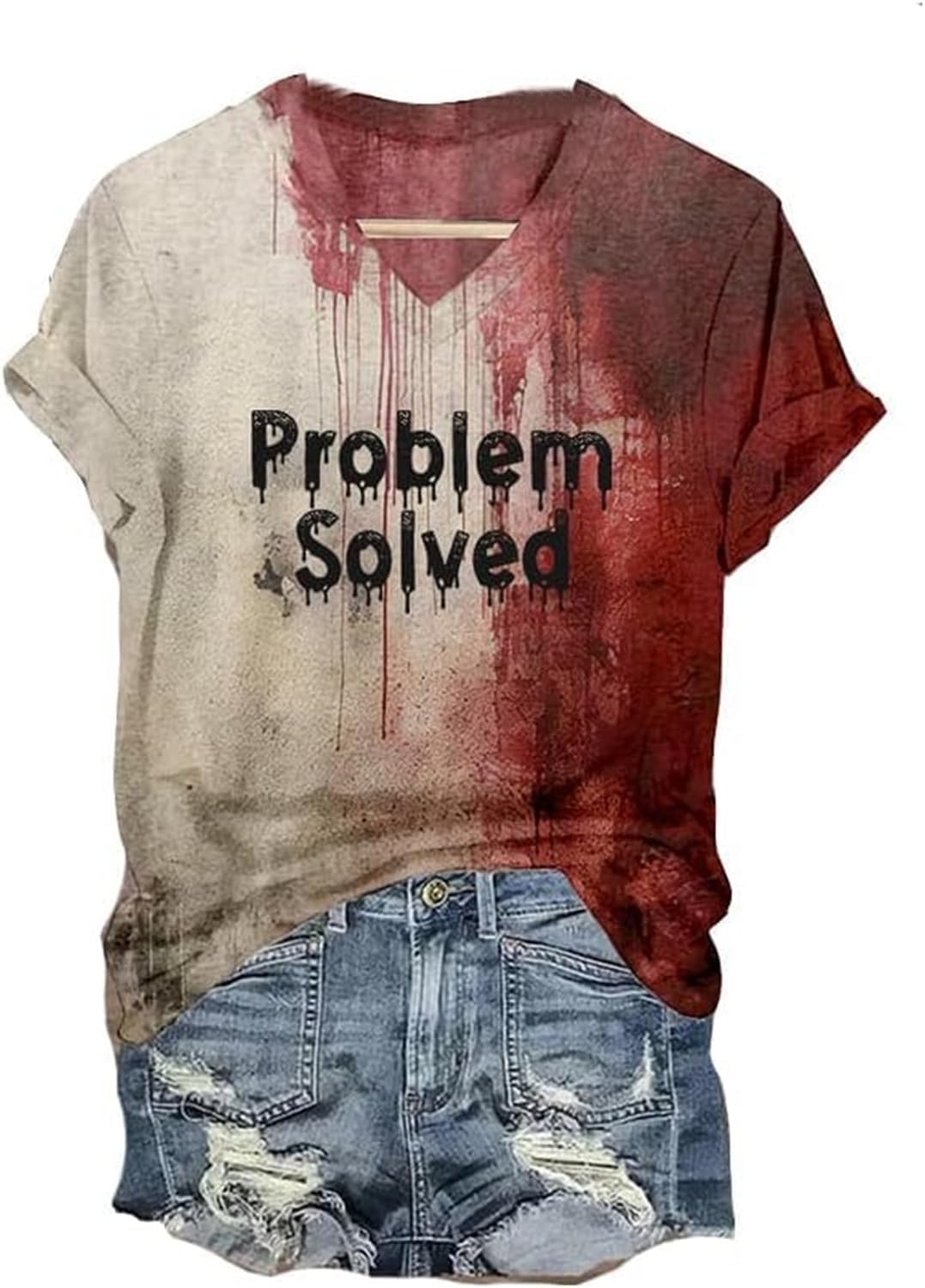 Aderpmin I'm Fine Bloody Shirt Femme Problème Résolu T-Shirt Problème Sanglant Résolu, Drôle Halloween Sang Horreur Vêtements Cadeau Sang Splatter Top – Image 4