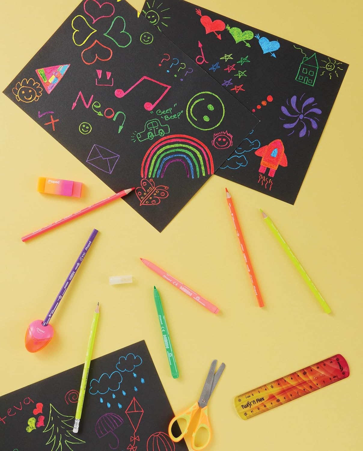Maped - Set Papeterie Néon - Kit Retour à la Maison Ultra Tendance - Règle Twist&Flex 15 cm, 2 Crayons Graphite, Taille-Crayon Igloo, Gomme Bicolore avec Étui – Image 6