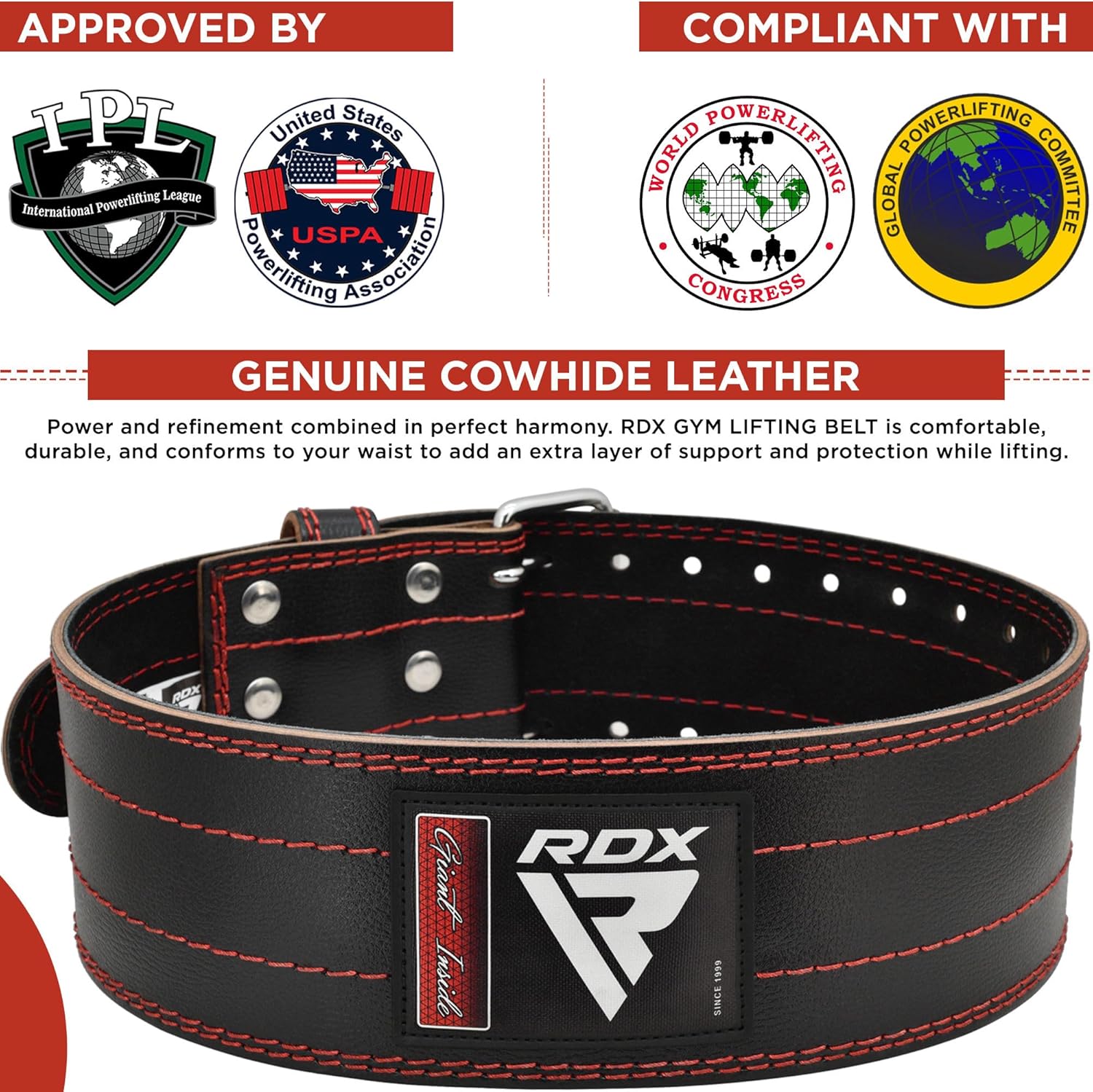RDX Ceinture de Musculation Powerlifting, IPL USPA Approuvé, 6MM Épais 100% Cuir, 4” réglable Support Lombaire, D'haltérophilie Bodybuilding Entraînement en Force Exercise Fitness Belt, Homme Femme – Image 4