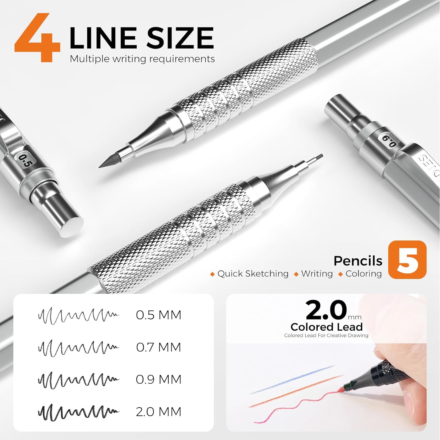 Porte-mine en métal Four Candies, 3 crayons 0,5, 0,7, 0,9 mm et 2 x 2 mm avec 420 mines (couleur 4B 2B HB 2H) pour écrire, dessiner et dessiner (argent) – Image 3