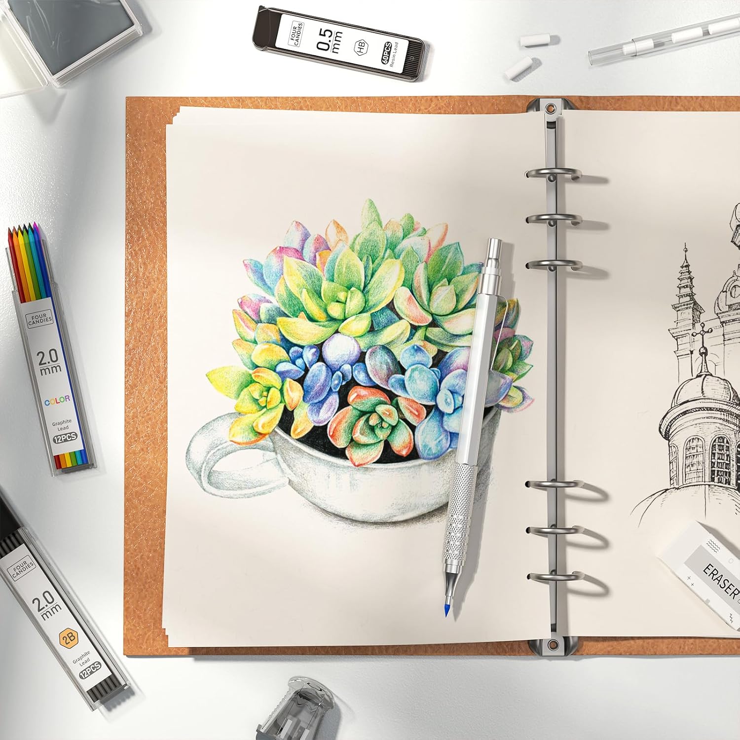 Porte-mine en métal Four Candies, 3 crayons 0,5, 0,7, 0,9 mm et 2 x 2 mm avec 420 mines (couleur 4B 2B HB 2H) pour écrire, dessiner et dessiner (argent) – Image 10