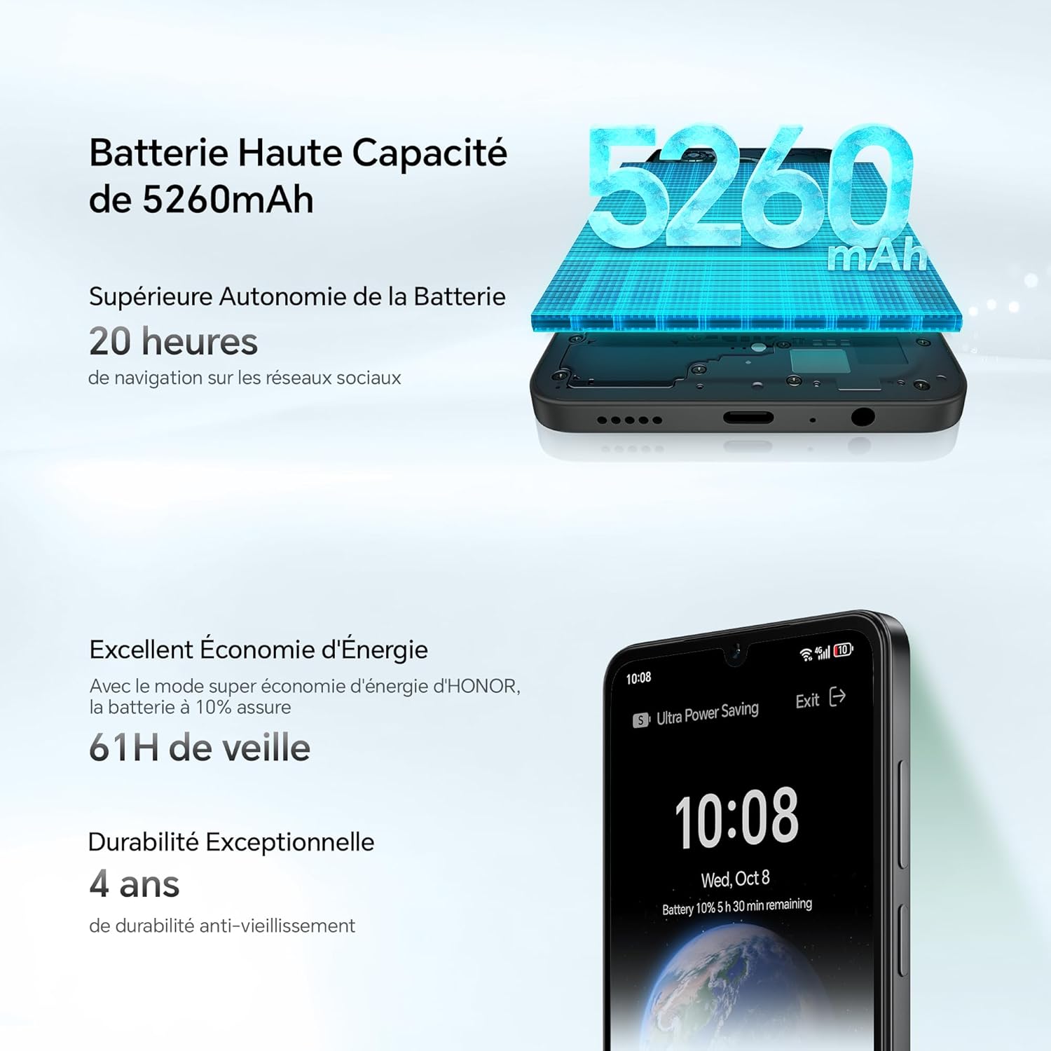 HONOR X5c Plus Smartphone Double SIM NFC, Batterie 5260mAh, 4+256Go, Téléphone à Écran Confort 6,74 Pouces 90Hz, Appareil Photo 50 Mégapixels, Android 15, MicroSD 1 vers Extensible, Noir Minuit – Image 5