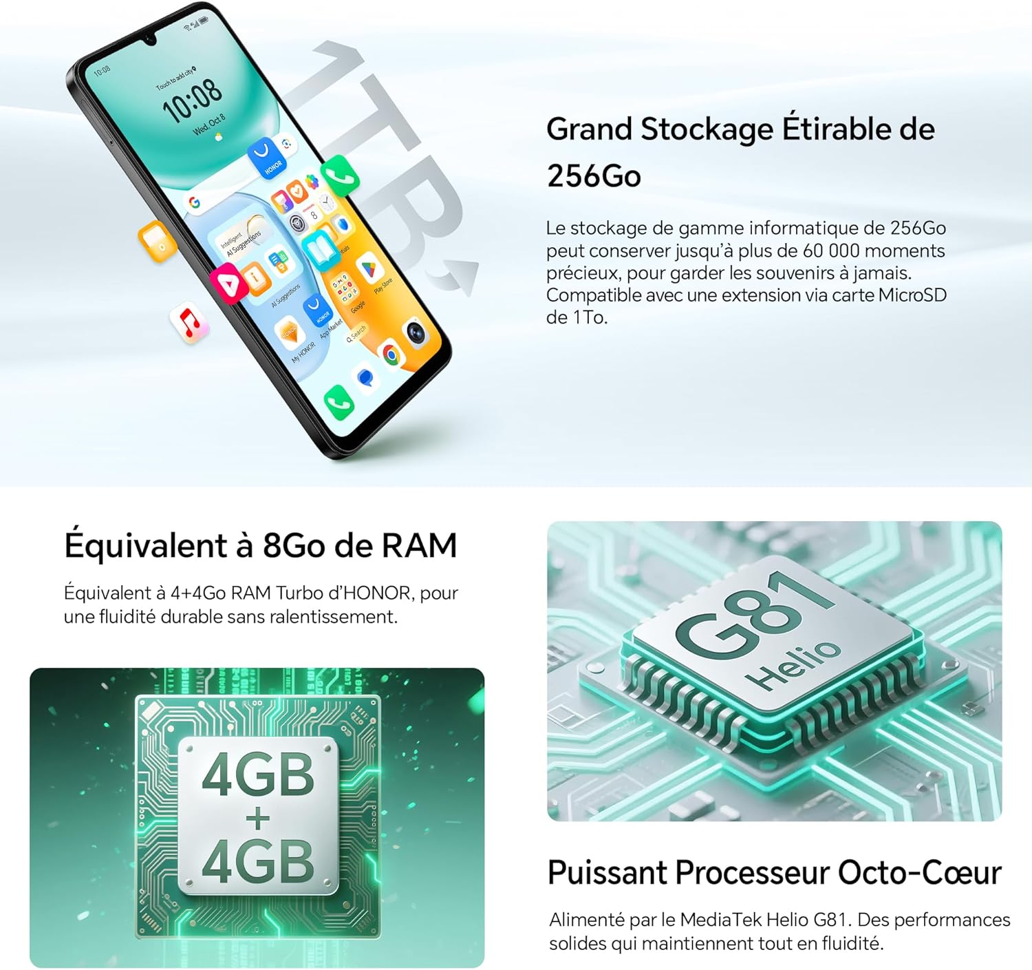 HONOR X5c Plus Smartphone Double SIM NFC, Batterie 5260mAh, 4+256Go, Téléphone à Écran Confort 6,74 Pouces 90Hz, Appareil Photo 50 Mégapixels, Android 15, MicroSD 1 vers Extensible, Noir Minuit – Image 6