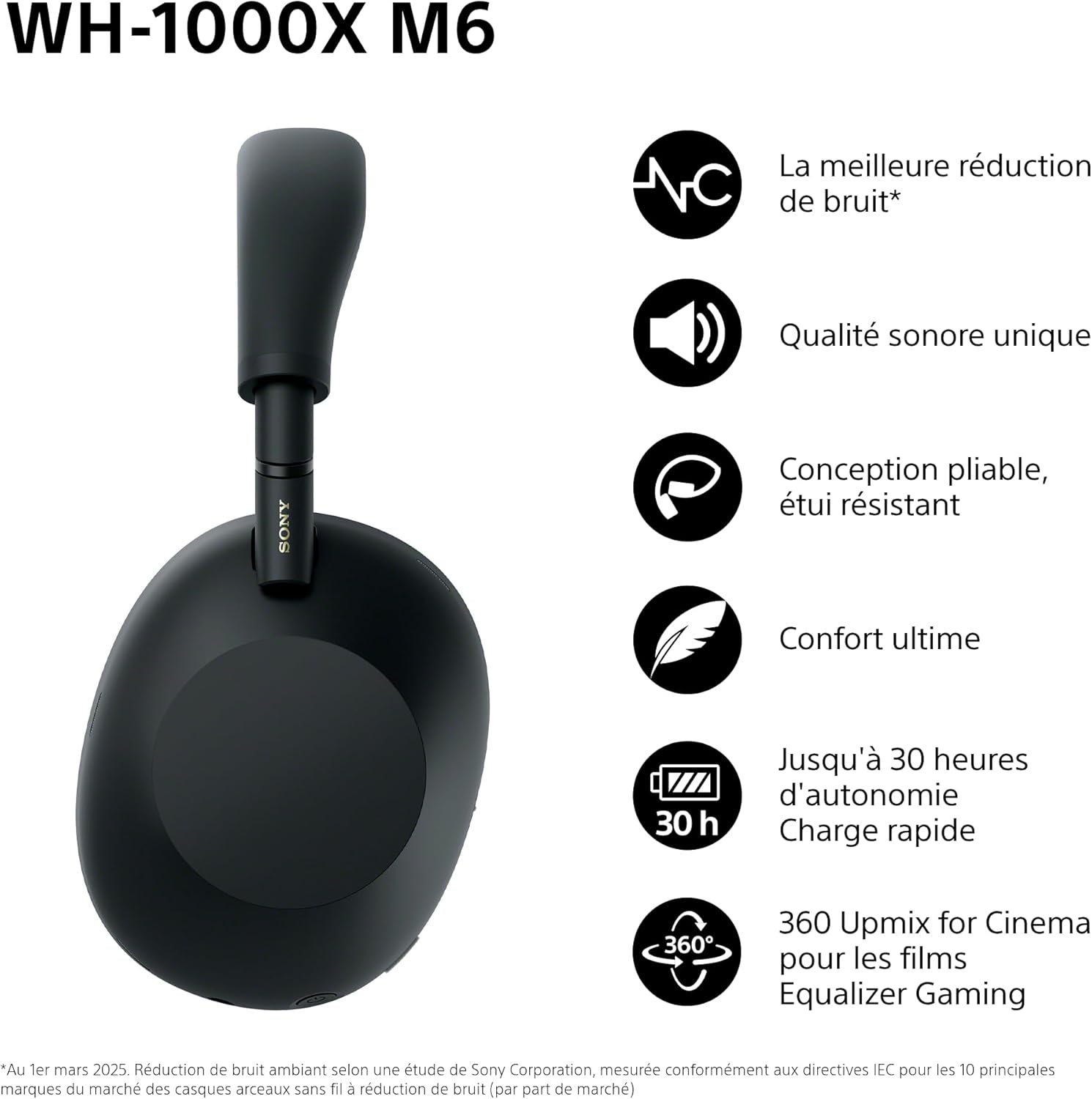 Sony WH-1000XM6 Casque Bluetooth sans fil avec réduction du bruit Noir, son haute résolution unique, design confortable et pliable, étui durable, autonomie de 30 heures, iOS et Android – Noir – Image 3