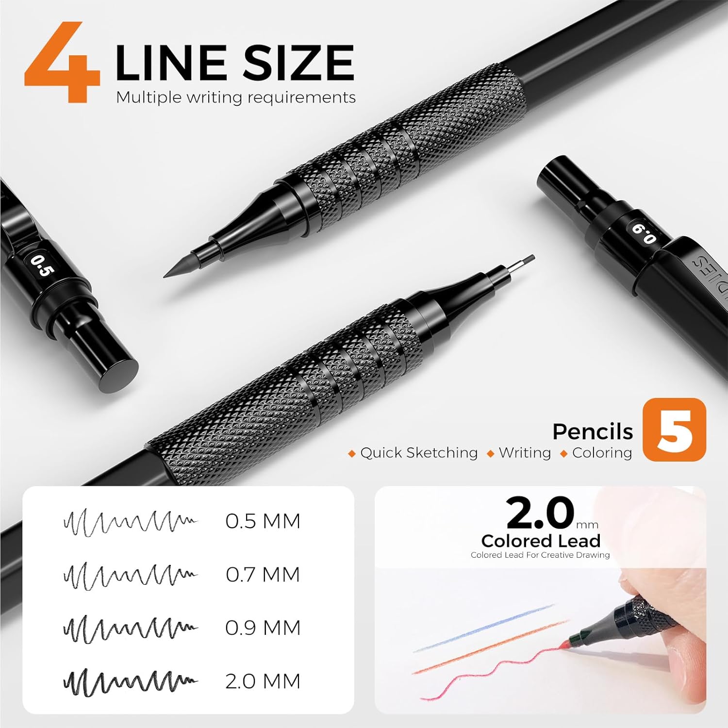 Porte-mine en métal Four Candies, 3 crayons 0,5, 0,7, 0,9 mm et 2 x 2 mm avec 420 mines (couleur 4B 2B HB 2H) pour écrire, dessiner et dessiner (noir) – Image 3