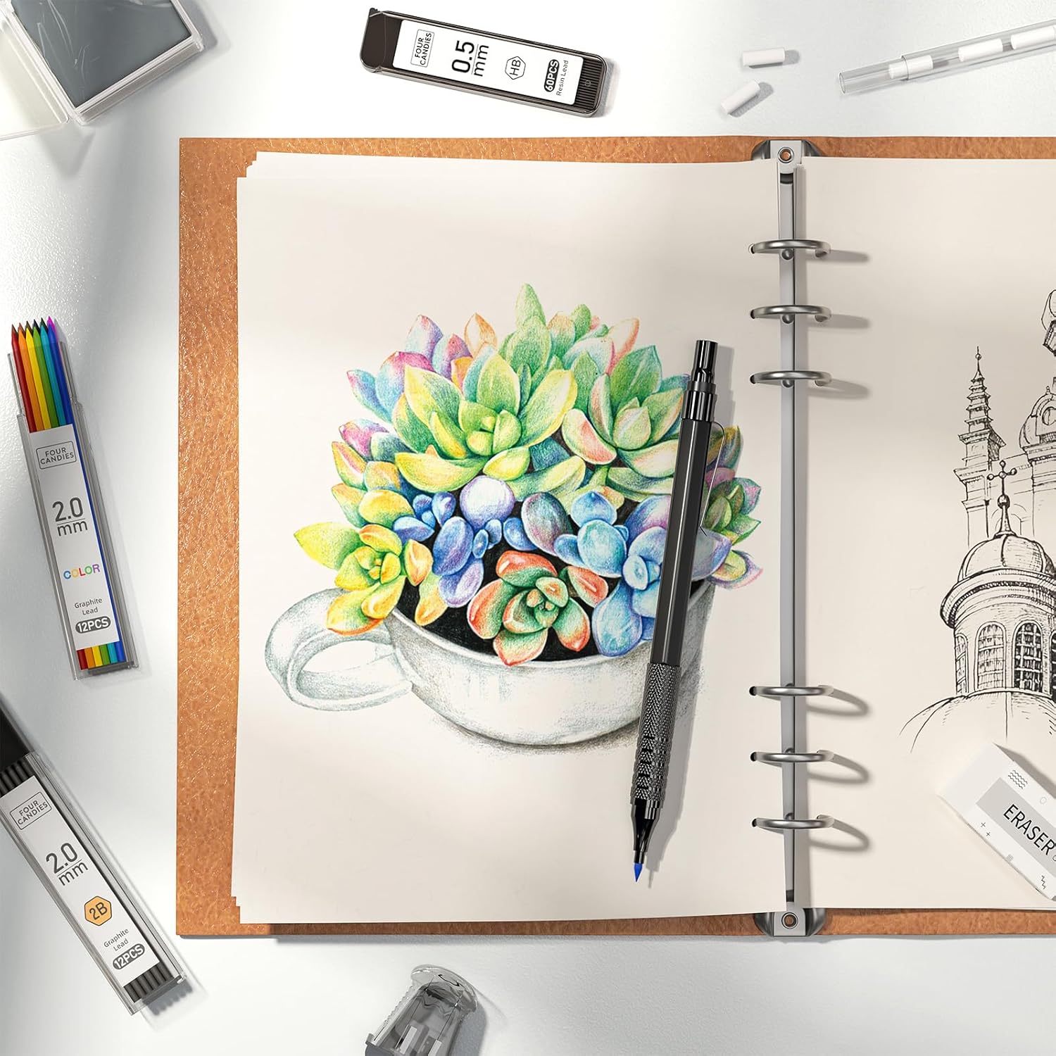 Porte-mine en métal Four Candies, 3 crayons 0,5, 0,7, 0,9 mm et 2 x 2 mm avec 420 mines (couleur 4B 2B HB 2H) pour écrire, dessiner et dessiner (noir) – Image 10