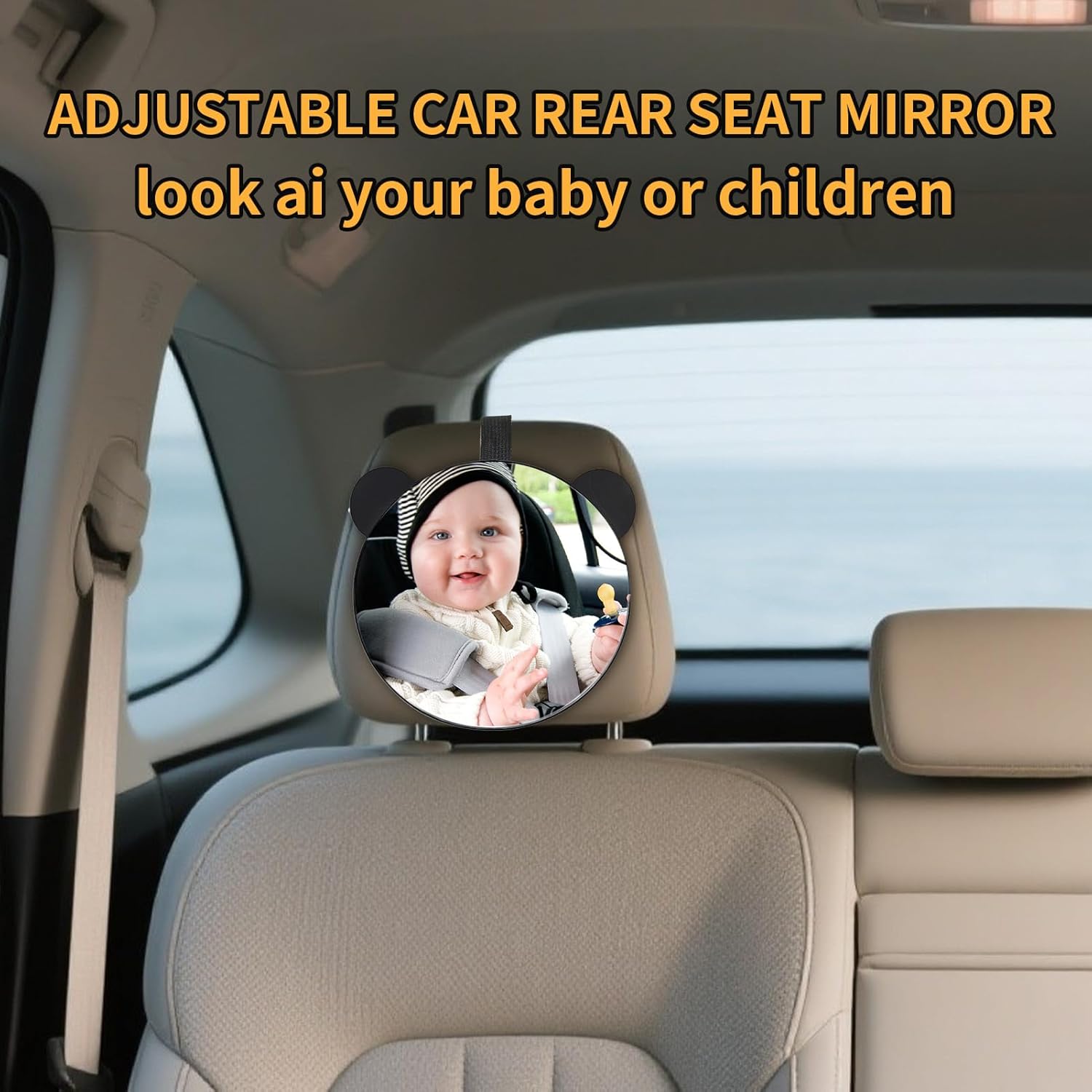 Miroir de voiture pour bébé, rétroviseur arrière, oreilles d'ours, support de sangle réglable, vue grand angle claire, utilisation de sécurité en voyage, acrylique, équipement de voyage, 9,8 x 6,7 – Image 5