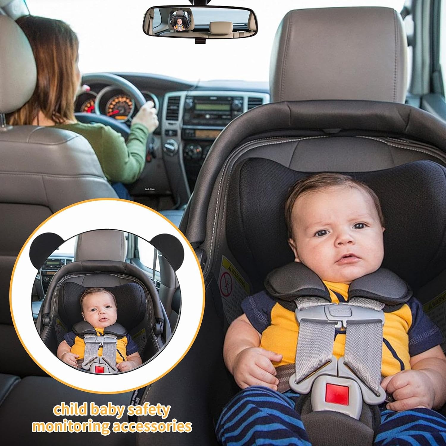 Miroir de voiture pour bébé, rétroviseur arrière, oreilles d'ours, support de sangle réglable, vue grand angle claire, utilisation de sécurité en voyage, acrylique, équipement de voyage, 9,8 x 6,7 – Image 6
