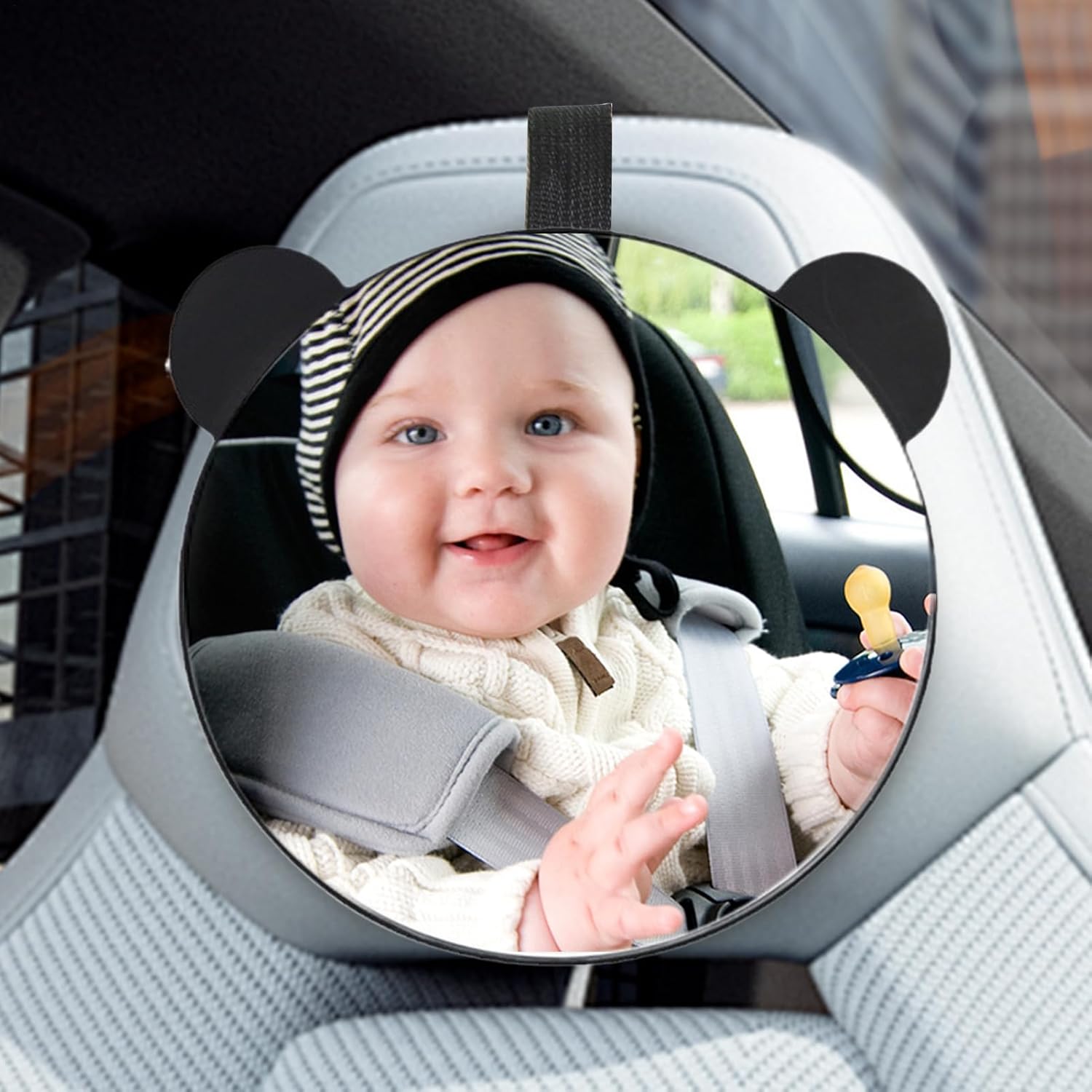 Miroir de voiture pour bébé, rétroviseur arrière, oreilles d'ours, support de sangle réglable, vue grand angle claire, utilisation de sécurité en voyage, acrylique, équipement de voyage, 9,8 x 6,7 – Image 7