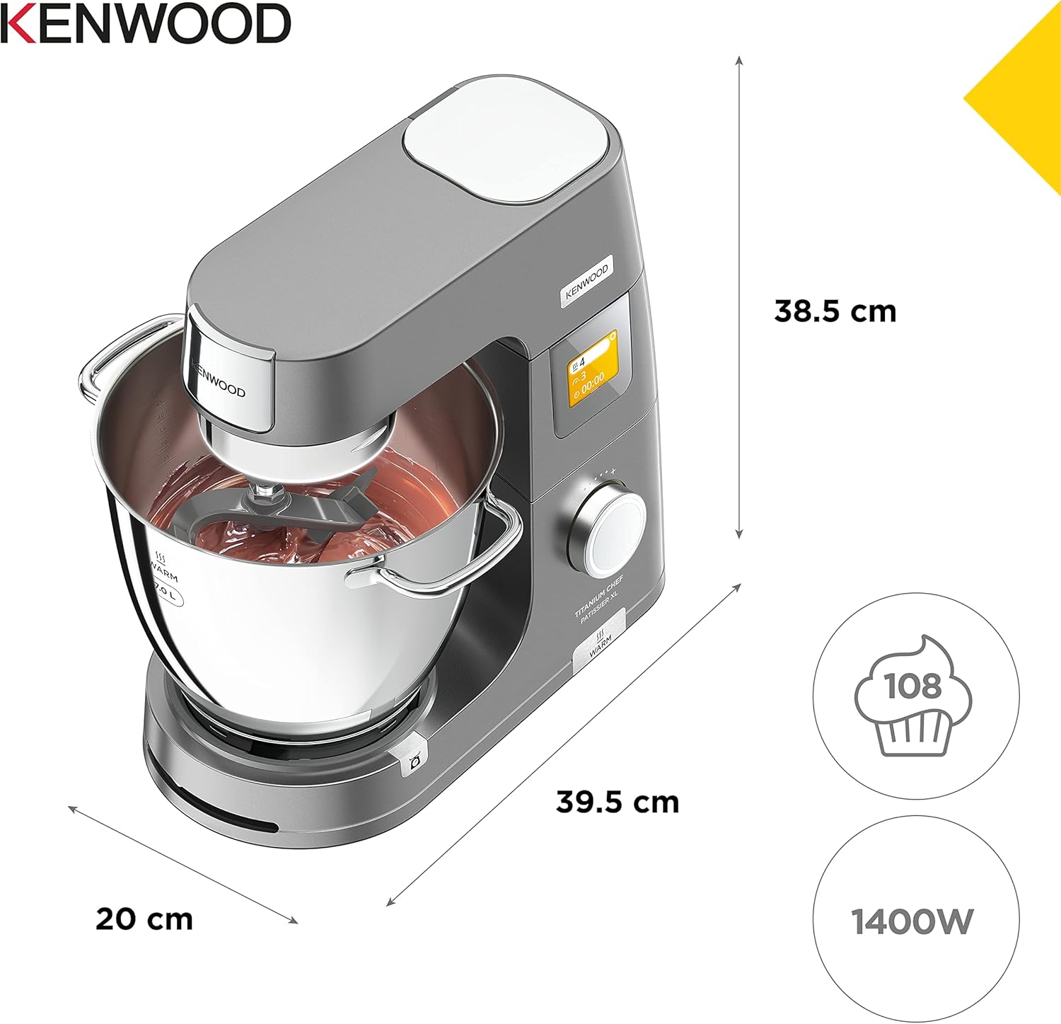 Kenwood Titanium Chef Patissier XL KWL90.034SI, balance de mixage intégrée, batteur K, pétrin, fouet, batteur souple, deux bols, couvercle anti-éclaboussures, 1400 W, acier, argent – Image 7