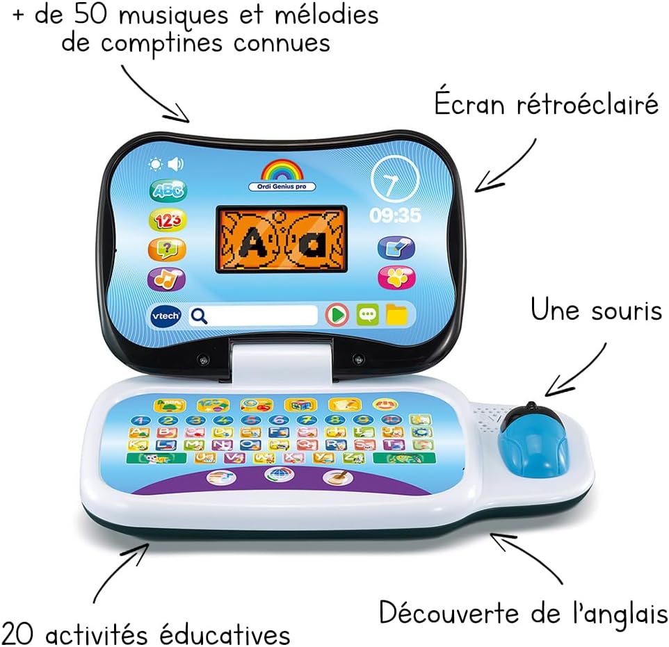 VTech - Ordi Genius Pro Black, Ordinateur portable enfant avec écran rétroéclairé, souris, 20 jeux évolutifs, jouet éducatif, cadeau pour enfants de 3 à 7 ans - Contenu en français et anglais – Image 3