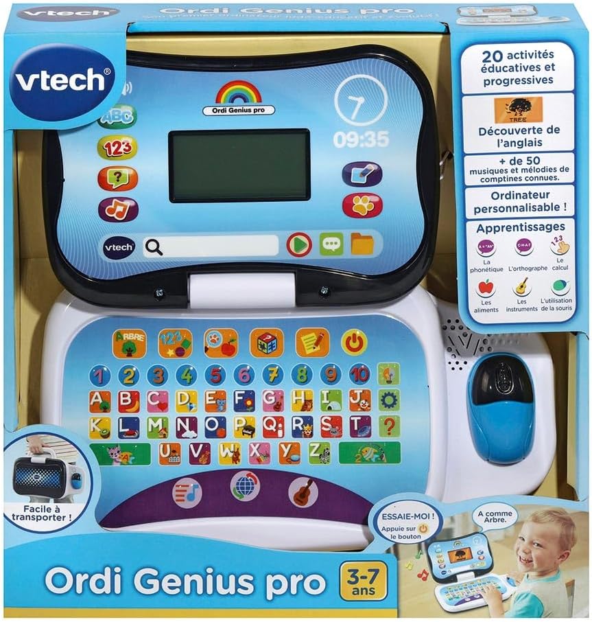 VTech - Ordi Genius Pro Black, Ordinateur portable enfant avec écran rétroéclairé, souris, 20 jeux évolutifs, jouet éducatif, cadeau pour enfants de 3 à 7 ans - Contenu en français et anglais – Image 6