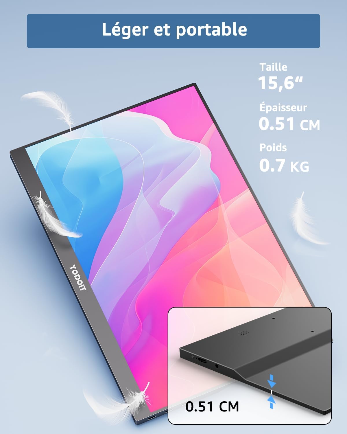 Yodoit Écran d'ordinateur portable 15,6 pouces 1920 × 1080 FHD Moniteur IPS 100 % SRGB Affichage HDMI USB Type C avec haut-parleurs intégrés pour PC/Macbook/Xbox/PS4 5/TV – Image 3